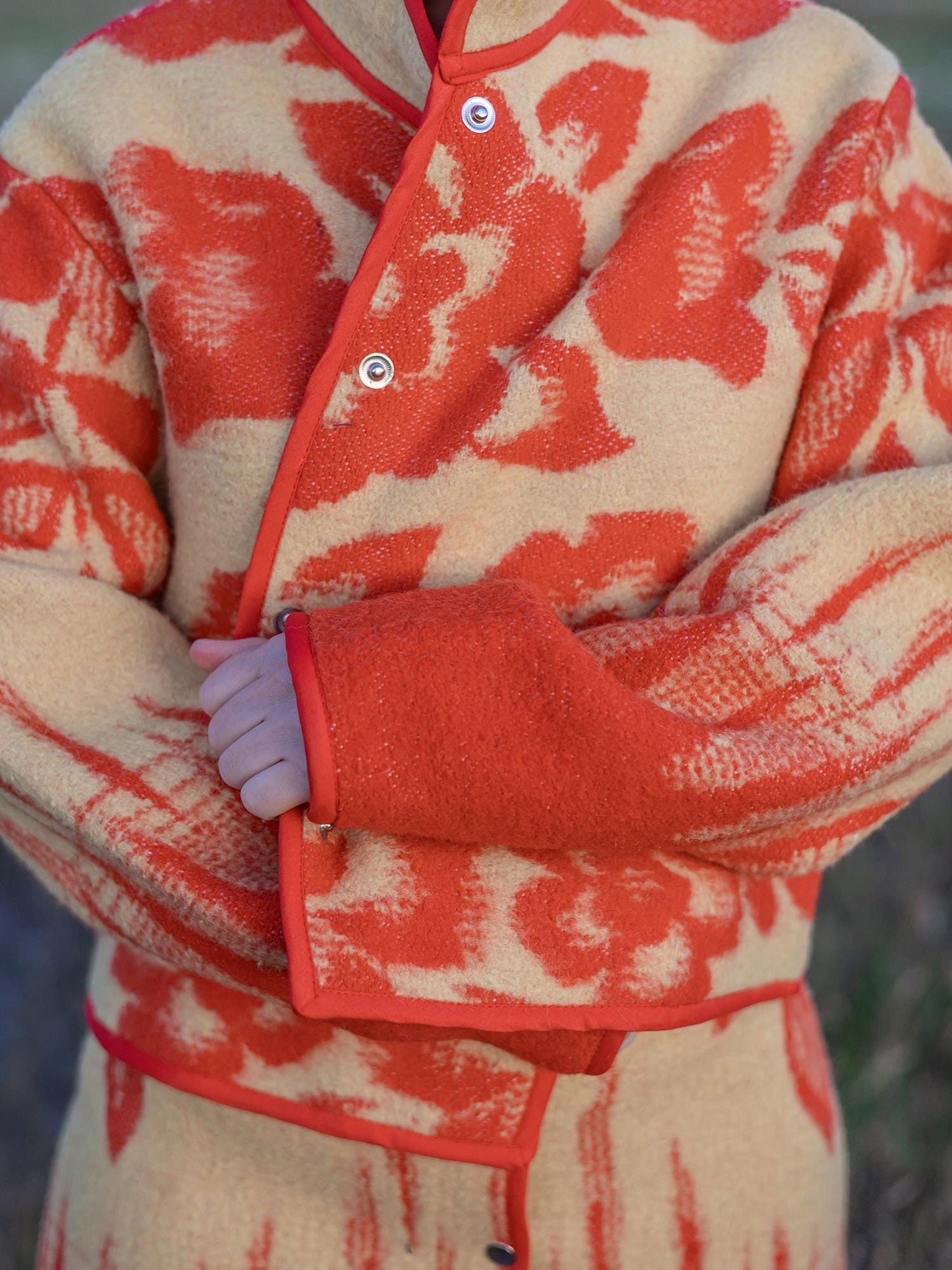 Wool Skirt and Jacket Set Made from Upcycled Vintage Blanket Red and Beige Floral size M One of a Kind, vintage handmade blanket coat.