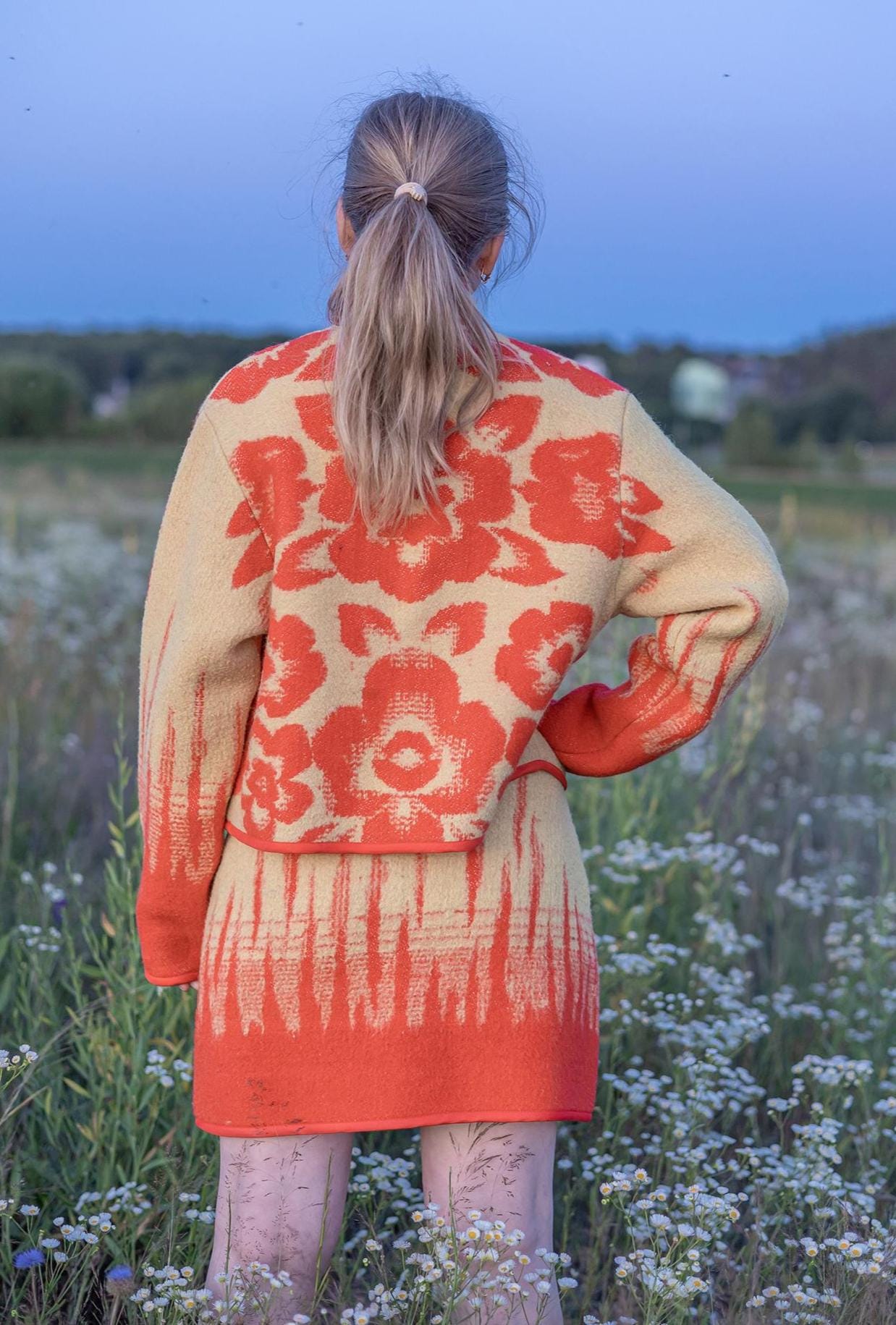 Wool Skirt and Jacket Set Made from Upcycled Vintage Blanket Red and Beige Floral size M One of a Kind, vintage handmade blanket coat.