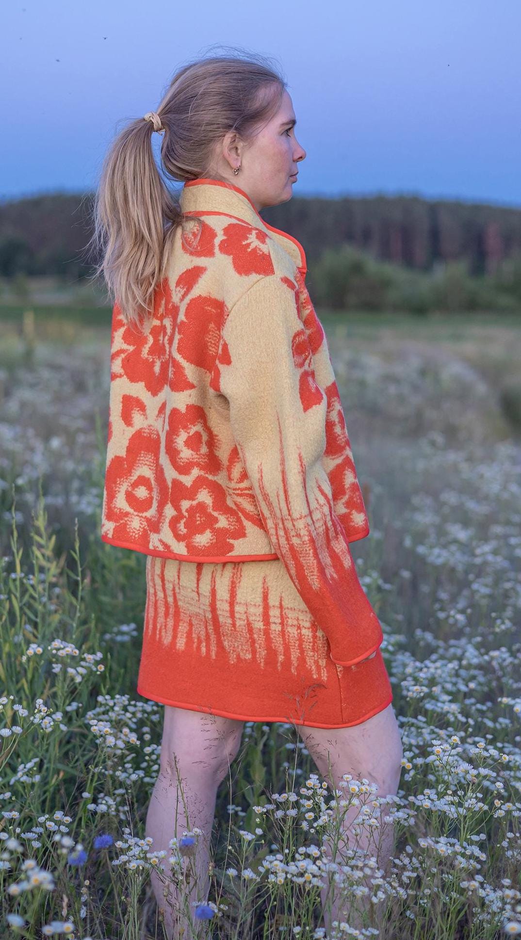 Wool Skirt and Jacket Set Made from Upcycled Vintage Blanket Red and Beige Floral size M One of a Kind, vintage handmade blanket coat.