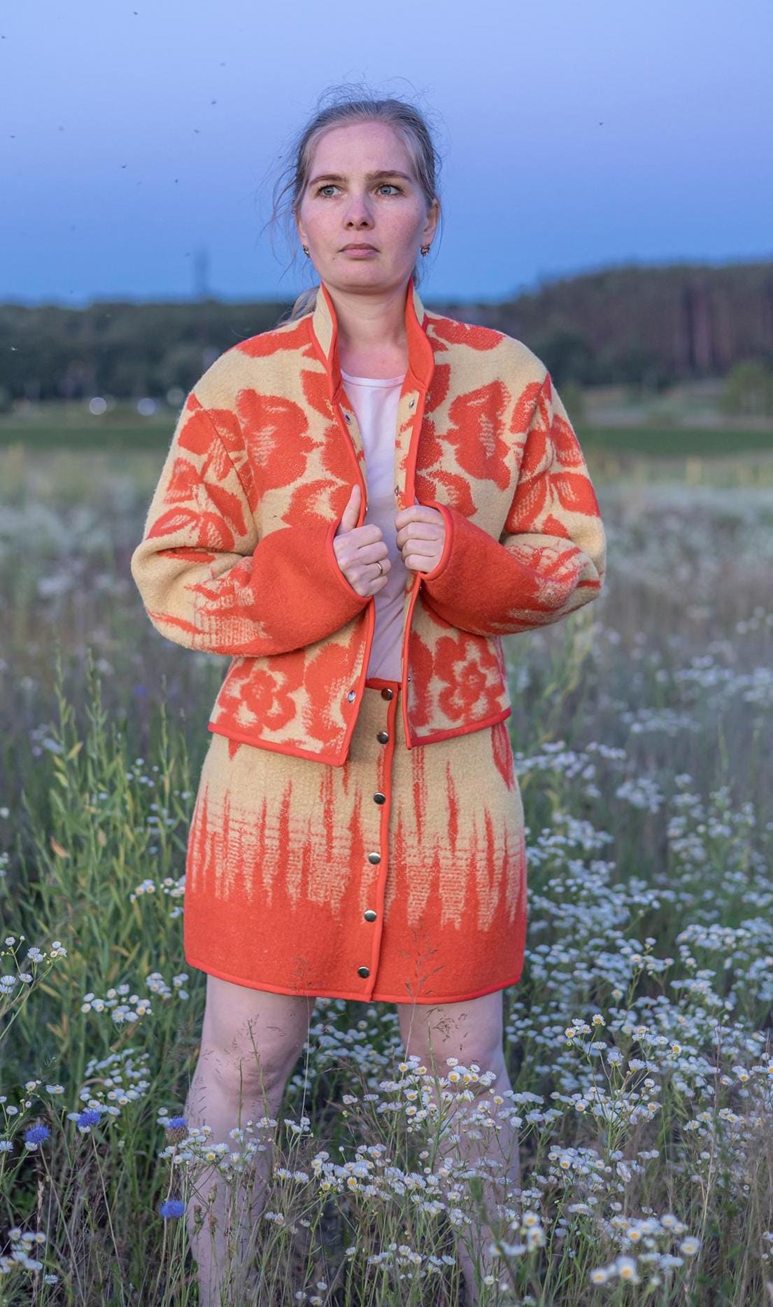 Wool Skirt and Jacket Set Made from Upcycled Vintage Blanket Red and Beige Floral size M One of a Kind, vintage handmade blanket coat.