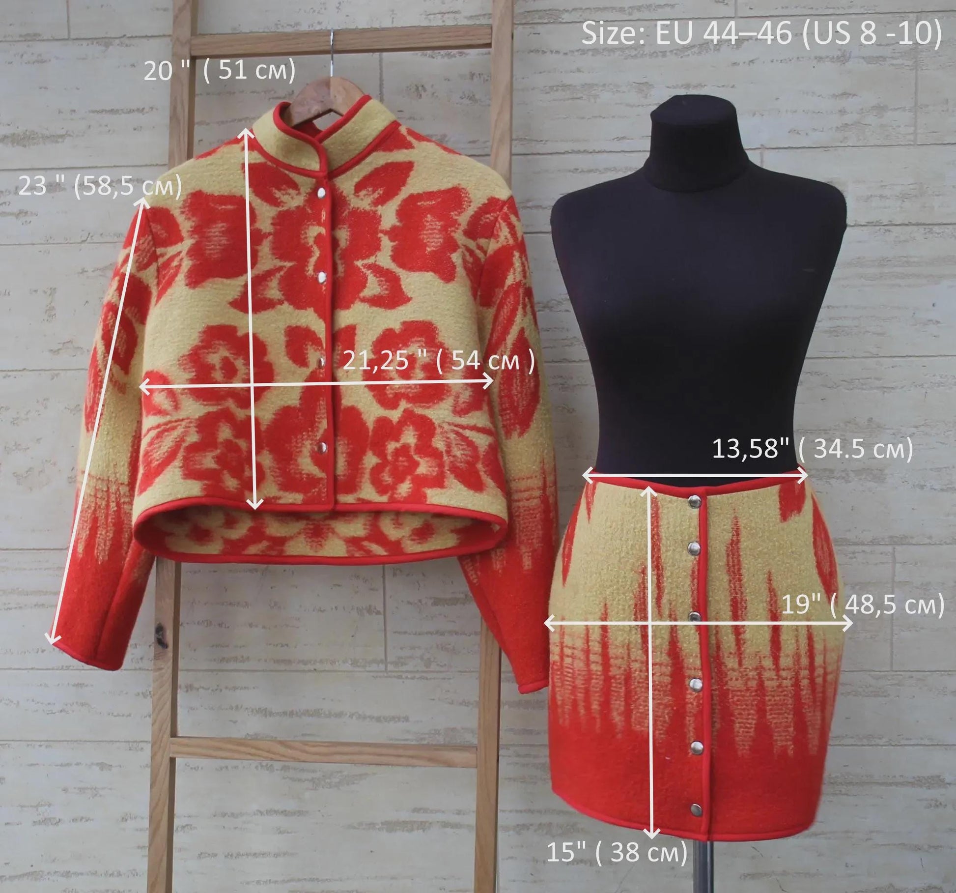 Wool Skirt and Jacket Set Made from Upcycled Vintage Blanket Red and Beige Floral size M One of a Kind, vintage handmade blanket coat.