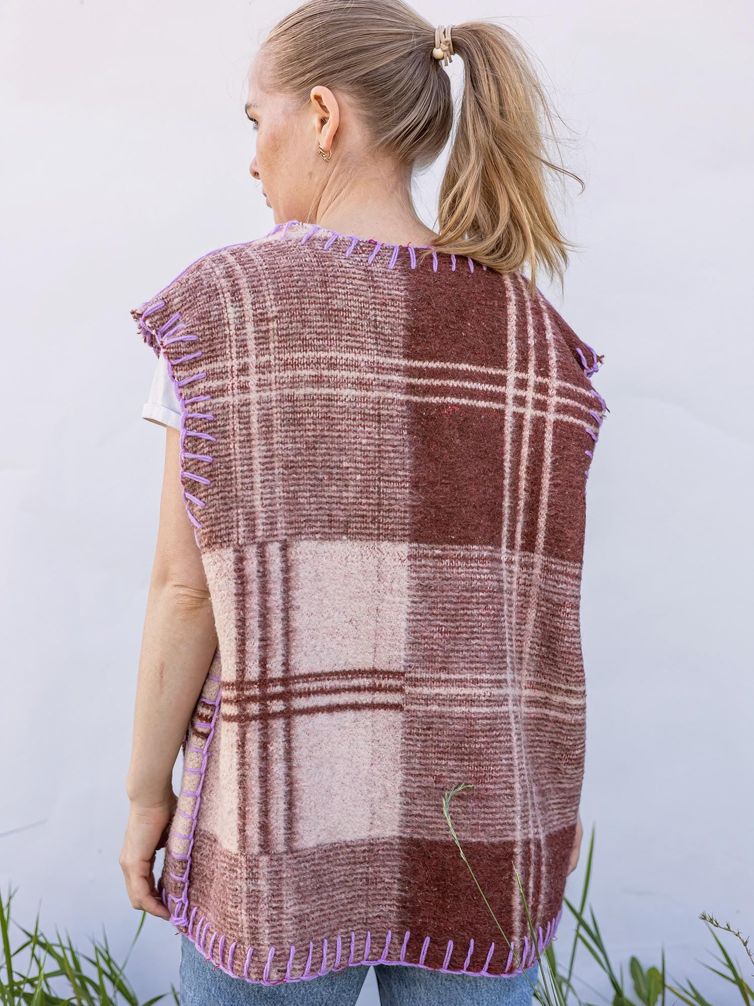 Vest Size M L,Upcycled Brown Plaid Wool Vest Blanket,Women's Handmade Warm Sleeveless Jacket,vintage wool vest,upcycled clothing for women.