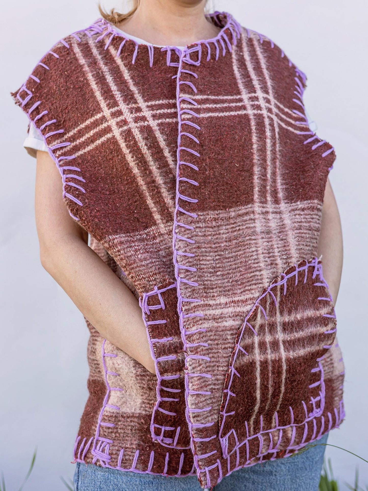 Vest Size M L,Upcycled Brown Plaid Wool Vest Blanket,Women's Handmade Warm Sleeveless Jacket,vintage wool vest,upcycled clothing for women.