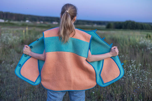 Handmade Wool Vest, Upcycled from Vintage Blanket Blue Peach Pockets size M/L Eco Gift Idea,upcycled clothing for women, cropped wool vest.
