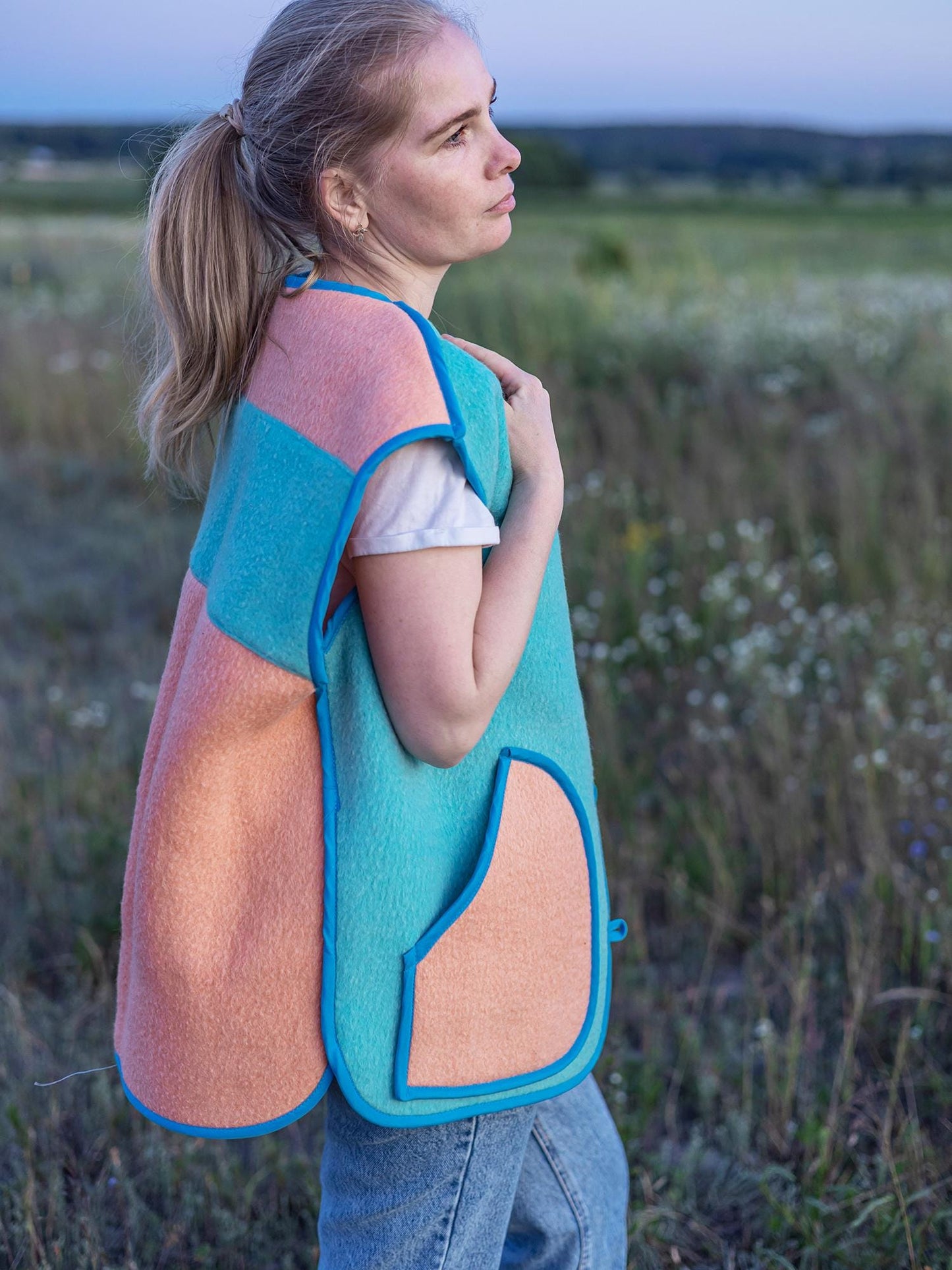 Handmade Wool Vest, Upcycled from Vintage Blanket Blue Peach Pockets size M/L Eco Gift Idea,upcycled clothing for women, cropped wool vest.