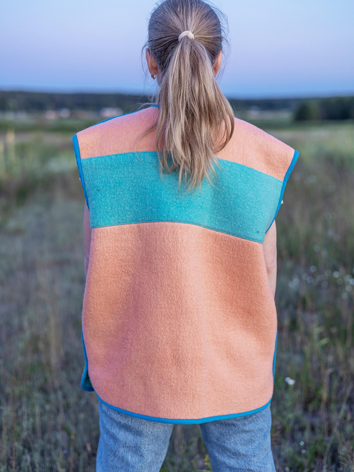 Handmade Wool Vest, Upcycled from Vintage Blanket Blue Peach Pockets size M/L Eco Gift Idea,upcycled clothing for women, cropped wool vest.