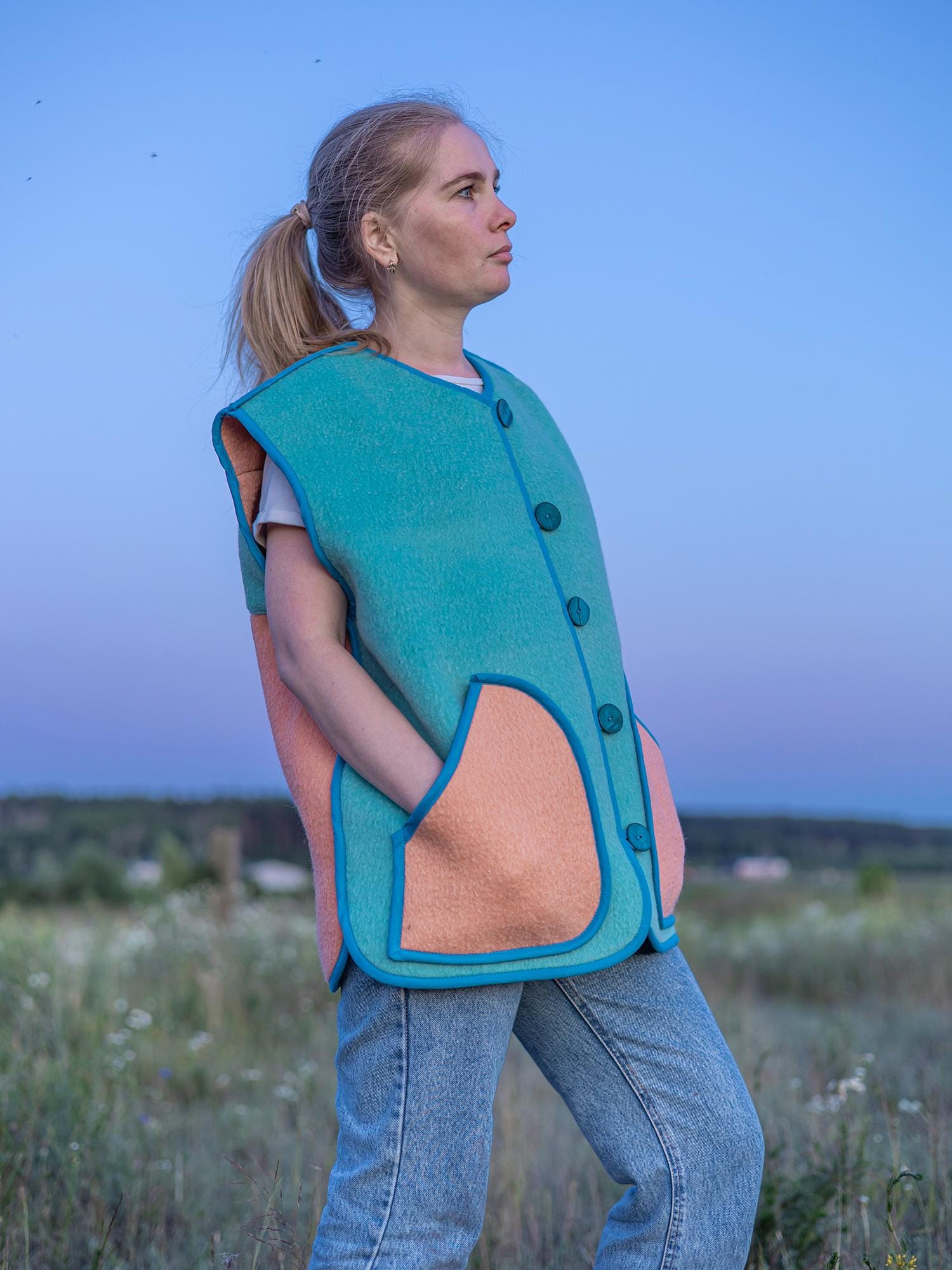 Handmade Wool Vest, Upcycled from Vintage Blanket Blue Peach Pockets size M/L Eco Gift Idea,upcycled clothing for women, cropped wool vest.