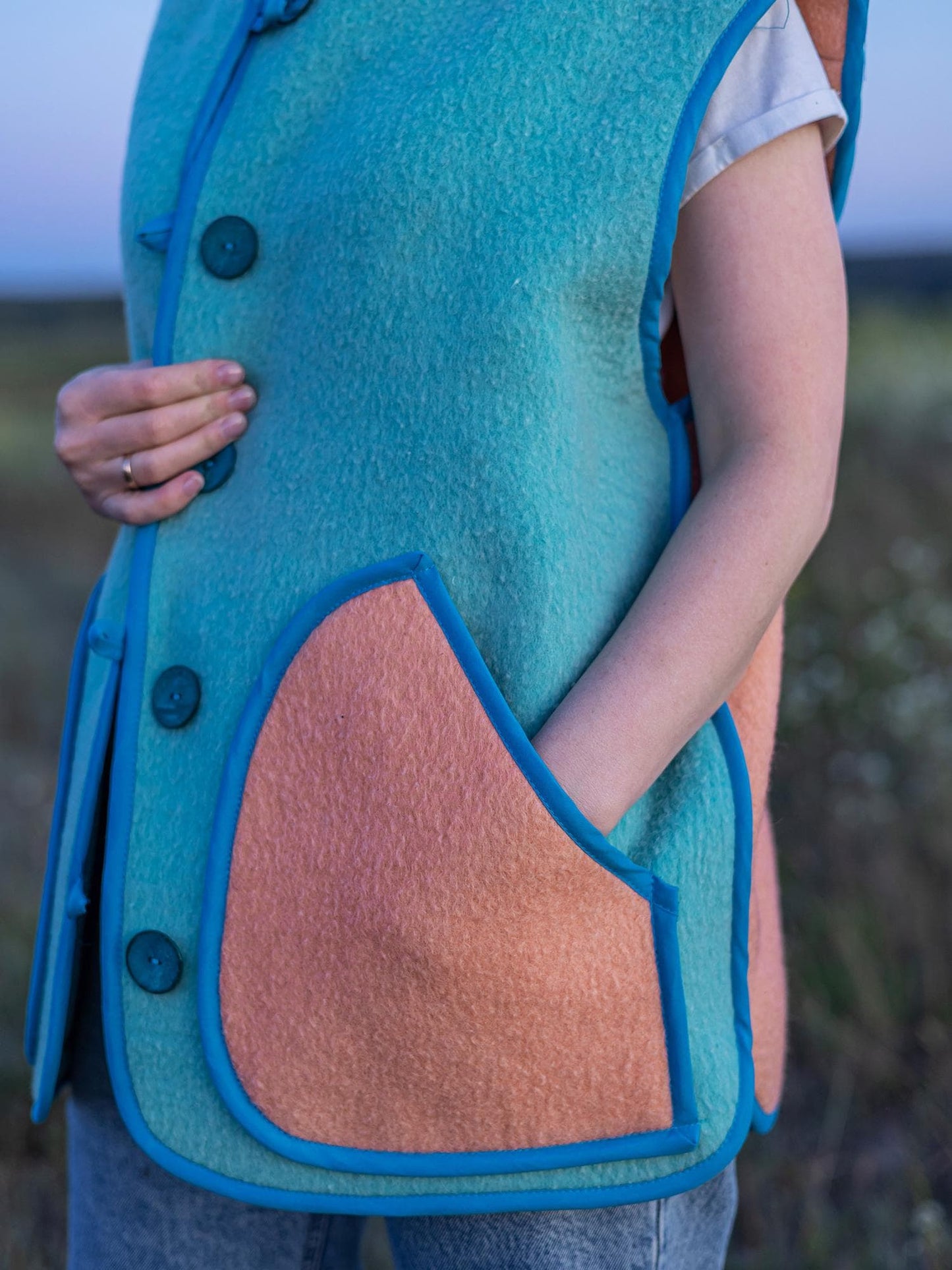 Handmade Wool Vest, Upcycled from Vintage Blanket Blue Peach Pockets size M/L Eco Gift Idea,upcycled clothing for women, cropped wool vest.