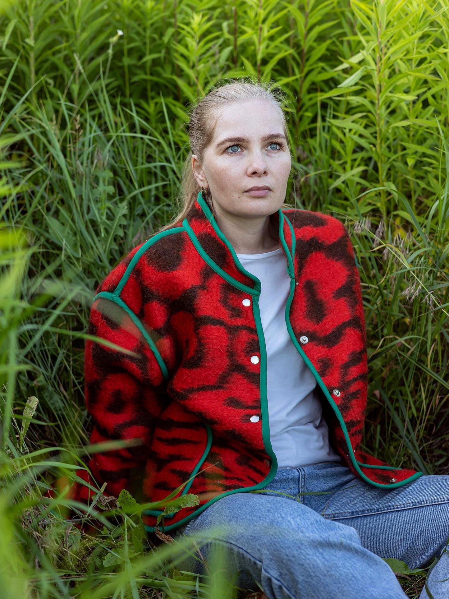 Red Vintage Wool Blanket Jacket, Upcycled Oversized Coat M L (46–48) Handmade Warm Outerwear, Eco Tiger Print Boho Jacket, gift for her.