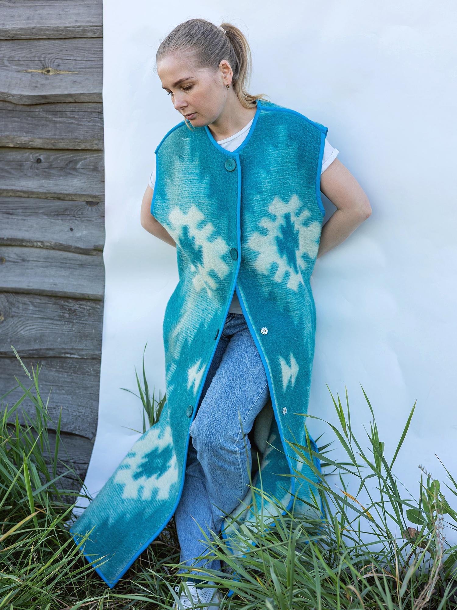 Vintage Wool Blanket Vest Size 46–48 M L, Handmade Long Sleeveless Coat Upcycled Blue Boho Outerwear One of a Kind Warm Layer,blanket coat.