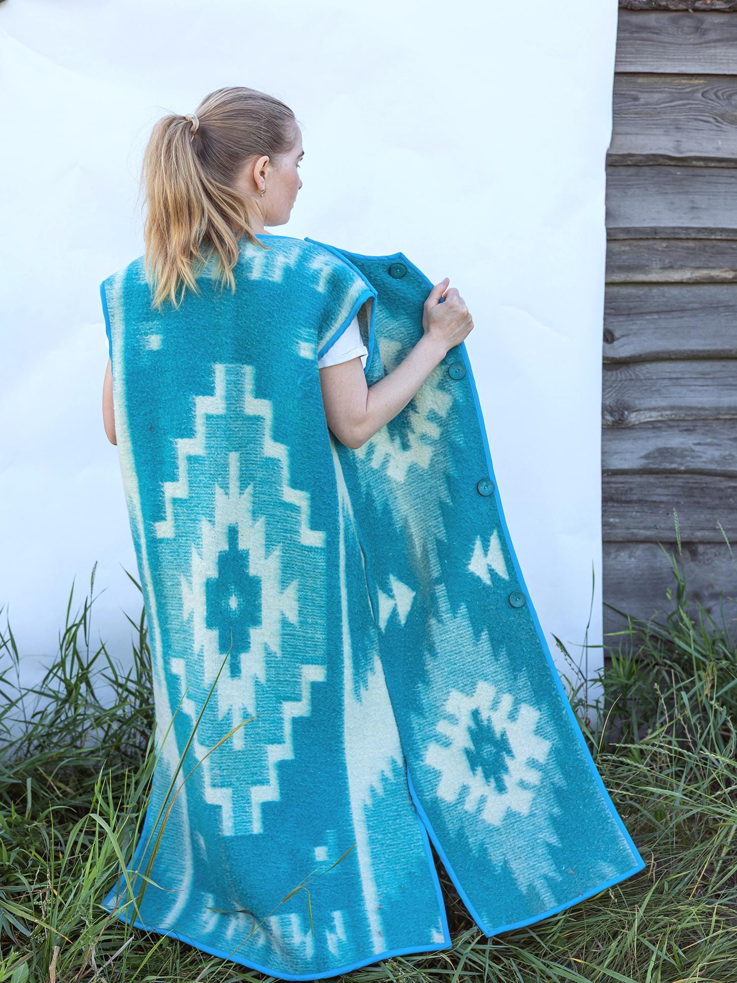 Vintage Wool Blanket Vest Size 46–48 M L, Handmade Long Sleeveless Coat Upcycled Blue Boho Outerwear One of a Kind Warm Layer,blanket coat.