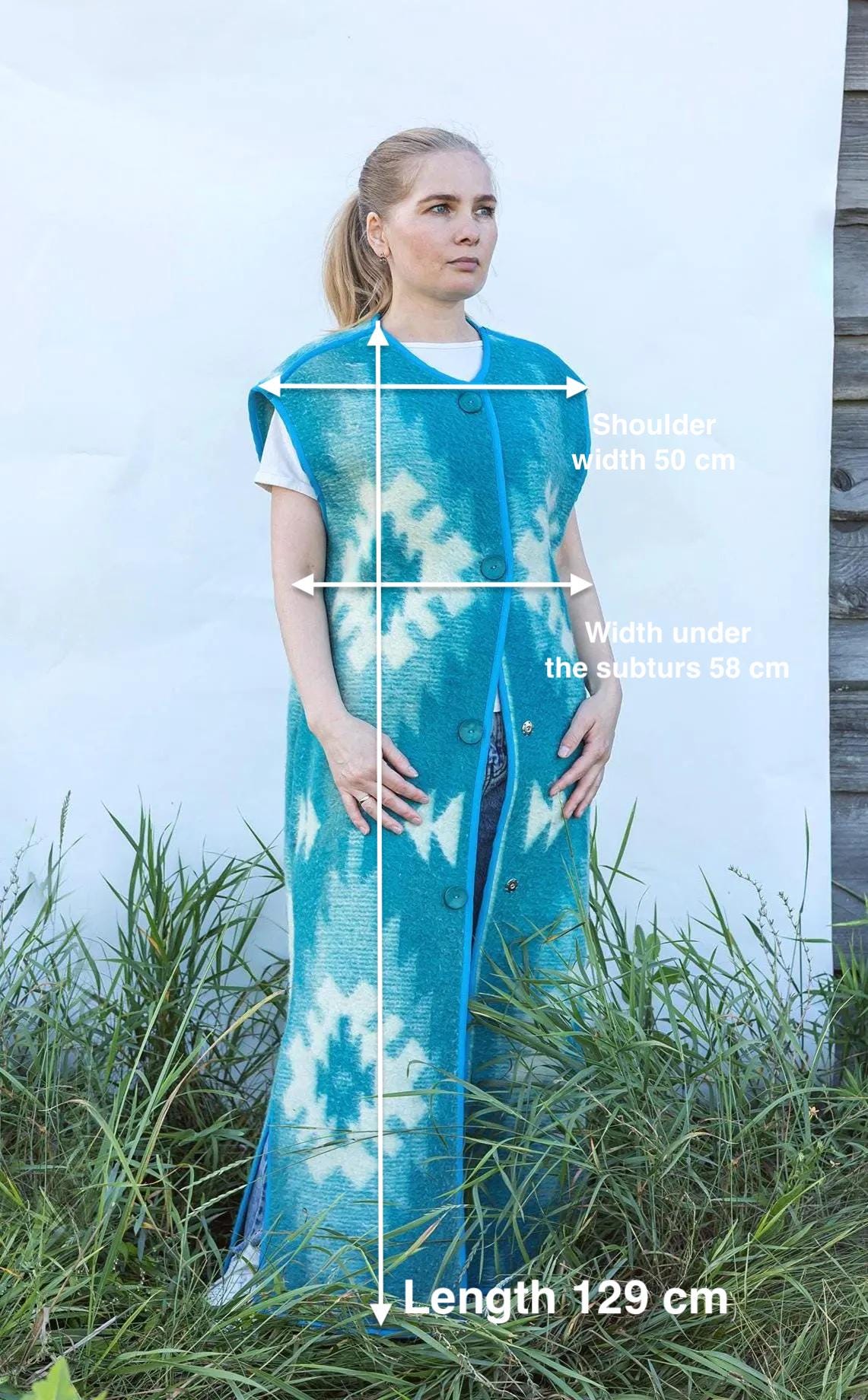 Vintage Wool Blanket Vest Size 46–48 M L, Handmade Long Sleeveless Coat Upcycled Blue Boho Outerwear One of a Kind Warm Layer,blanket coat.