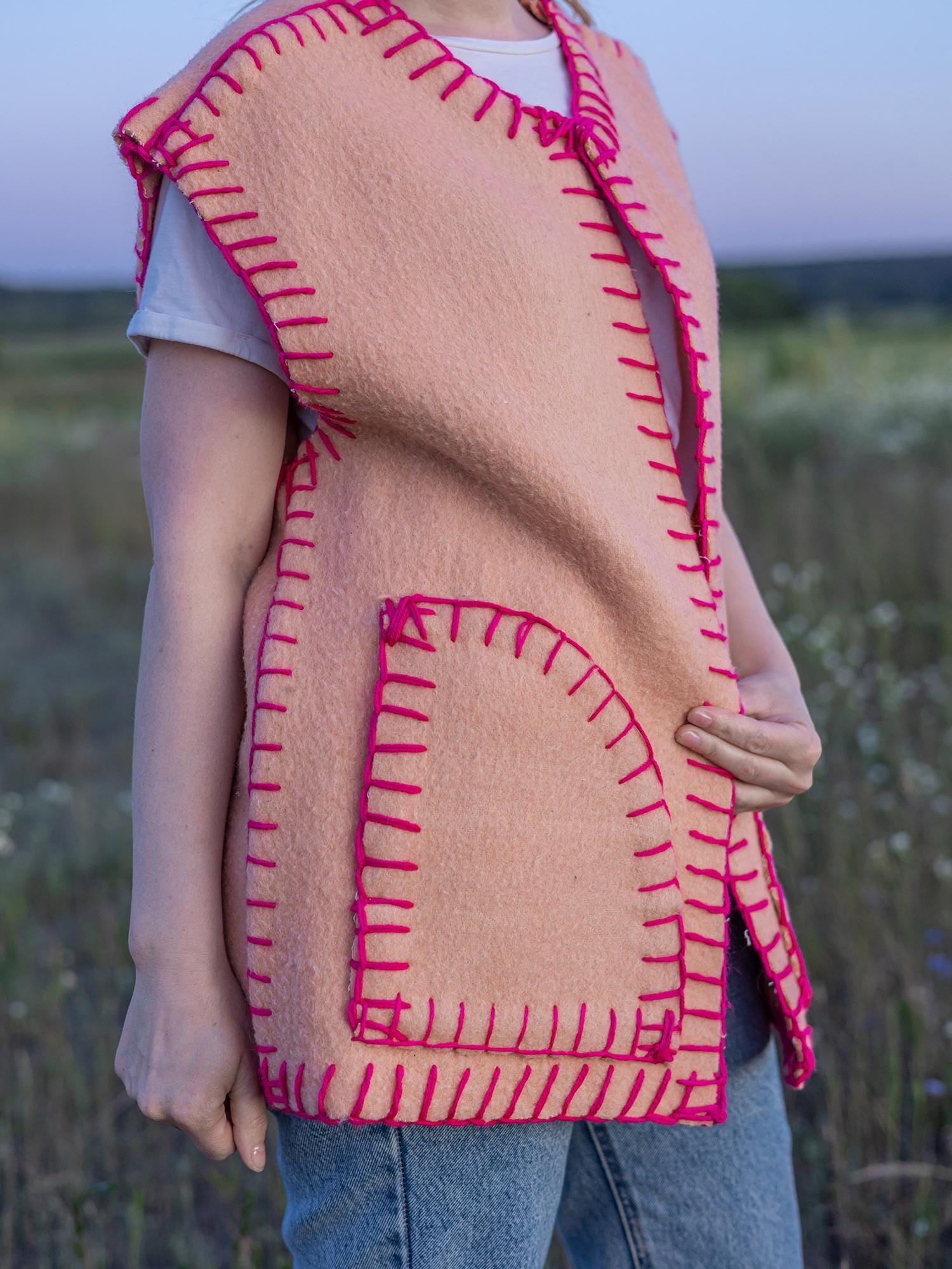 Vintage wool vest L 50 size, Upcycled blanket vest, Handmade oversized sleeveless jacket, Orange pink boho vest Gift for her, reworked vest,