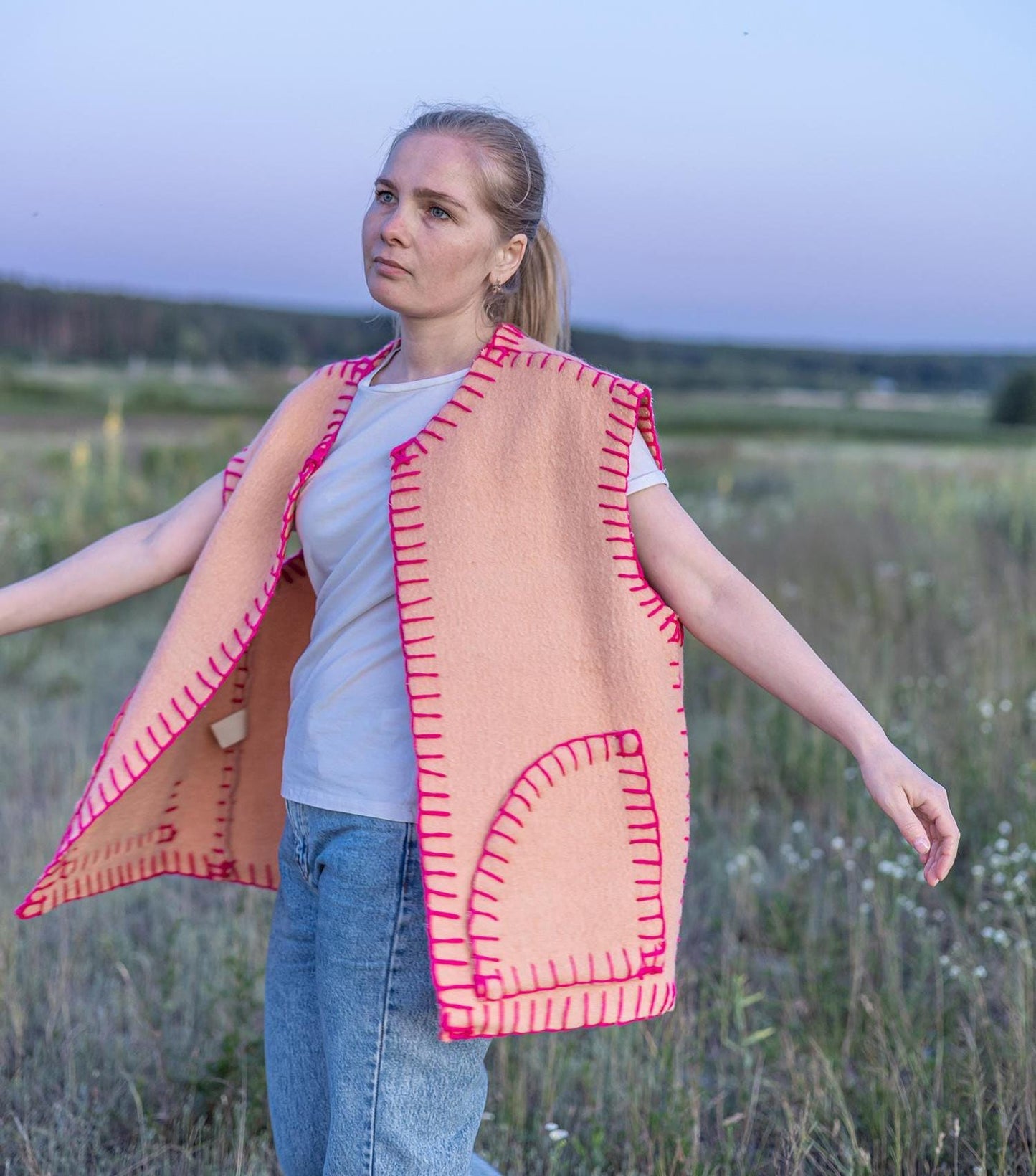 Vintage wool vest L 50 size, Upcycled blanket vest, Handmade oversized sleeveless jacket, Orange pink boho vest Gift for her, reworked vest,