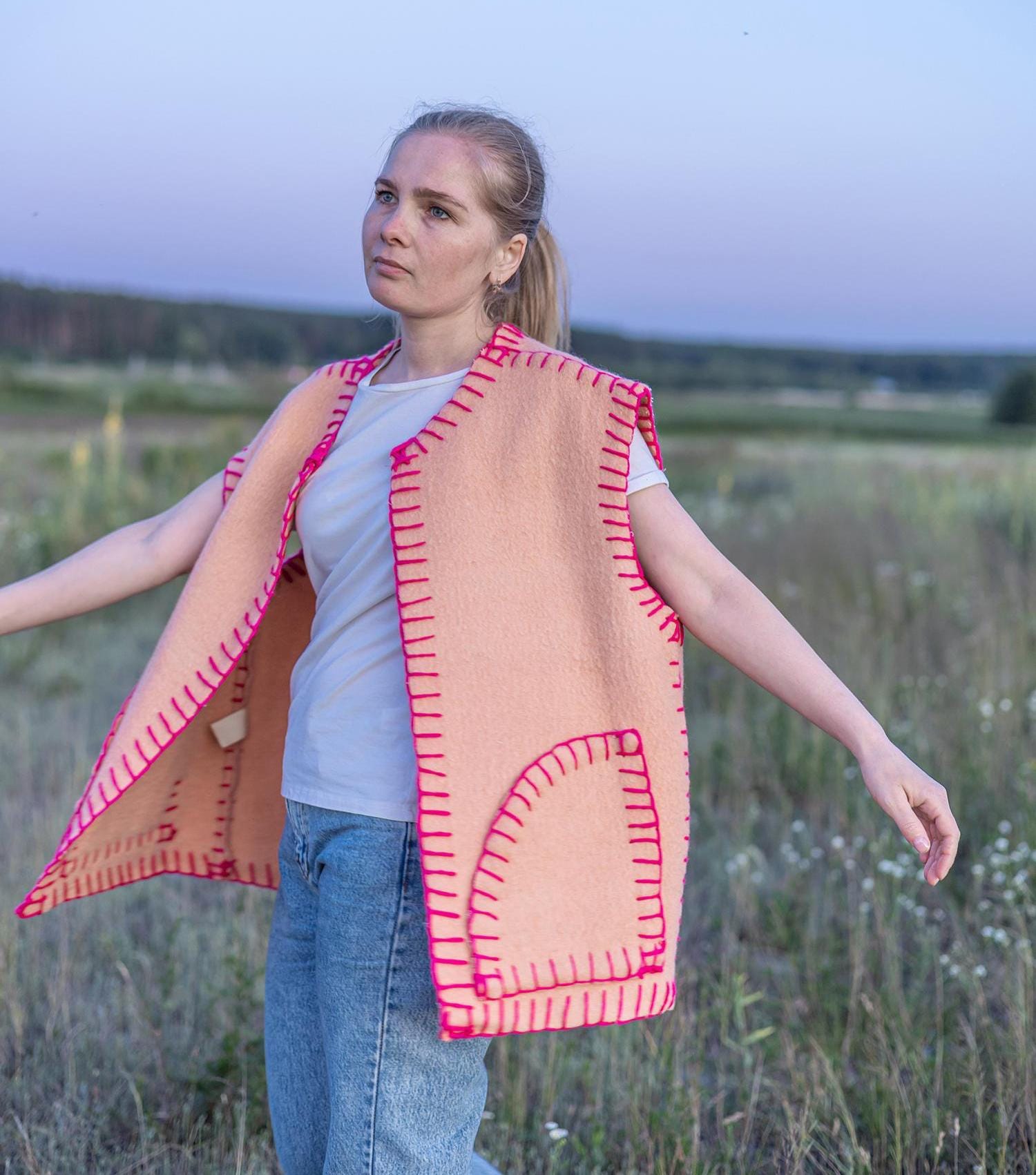 Vintage wool vest L 50 size, Upcycled blanket vest, Handmade oversized sleeveless jacket, Orange pink boho vest Gift for her, reworked vest,