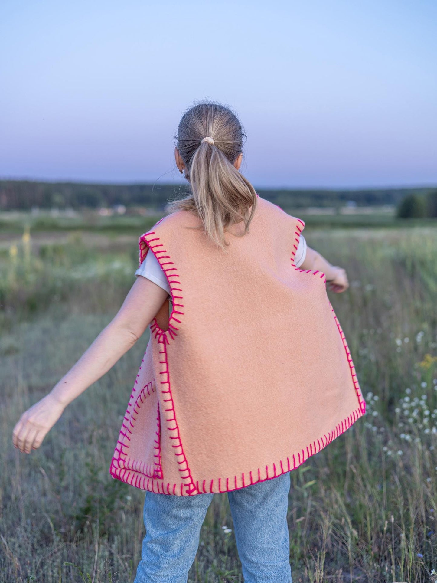 Vintage wool vest L 50 size, Upcycled blanket vest, Handmade oversized sleeveless jacket, Orange pink boho vest Gift for her, reworked vest,