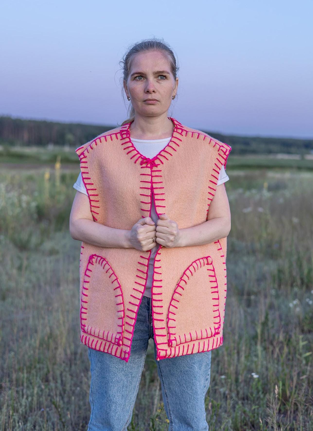 Vintage wool vest L 50 size, Upcycled blanket vest, Handmade oversized sleeveless jacket, Orange pink boho vest Gift for her, reworked vest,