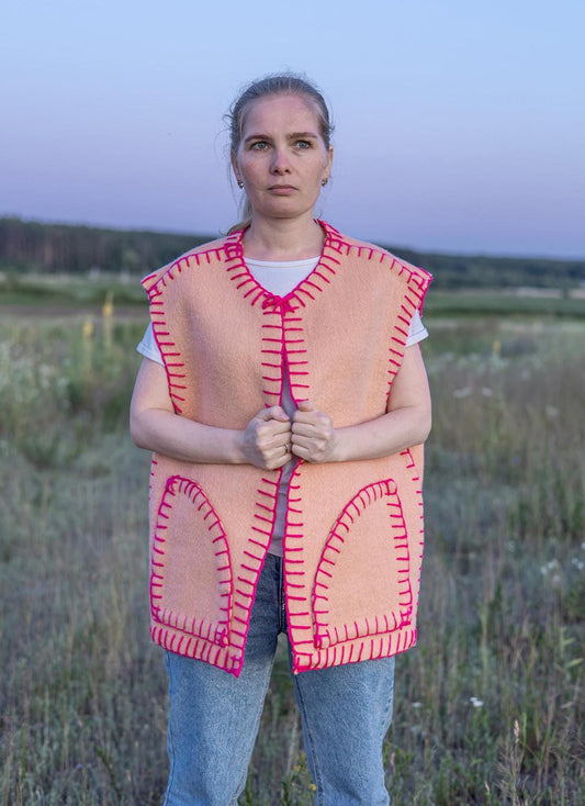 Vintage wool vest L 50 size, Upcycled blanket vest, Handmade oversized sleeveless jacket, Orange pink boho vest Gift for her, reworked vest,