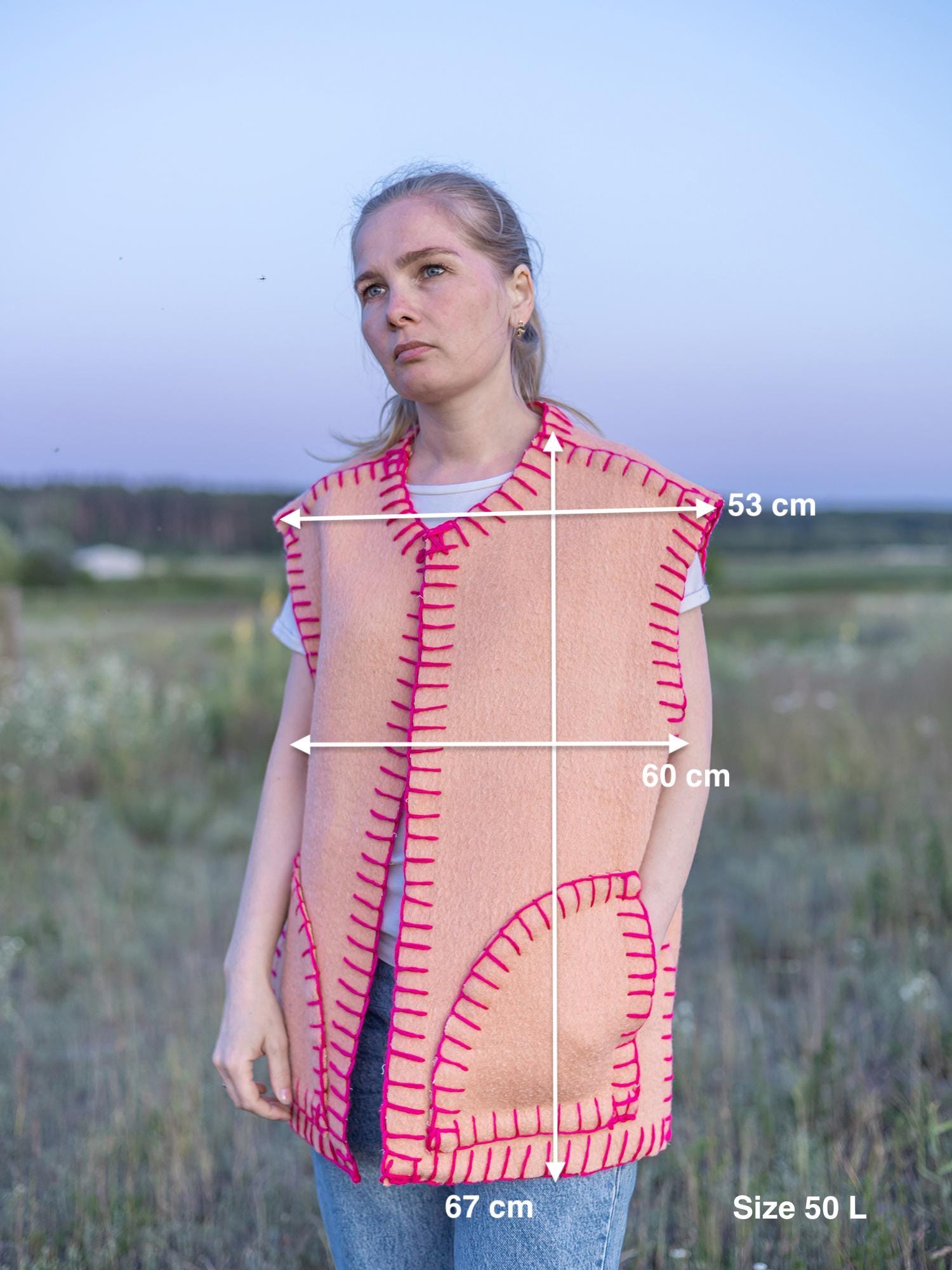 Vintage wool vest L 50 size, Upcycled blanket vest, Handmade oversized sleeveless jacket, Orange pink boho vest Gift for her, reworked vest,