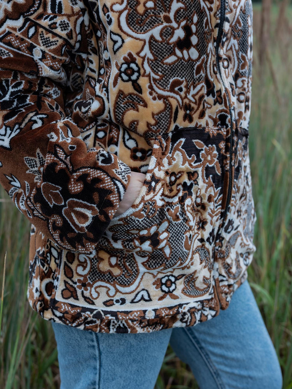 Upcycled Tapestry Blanket Jacket, Brown Zip Coat, Size L