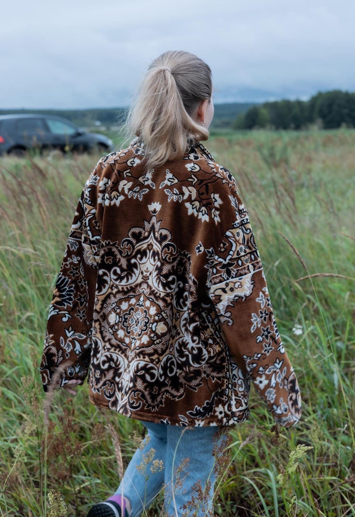 Upcycled Tapestry Blanket Jacket, Brown Zip Coat, Size L