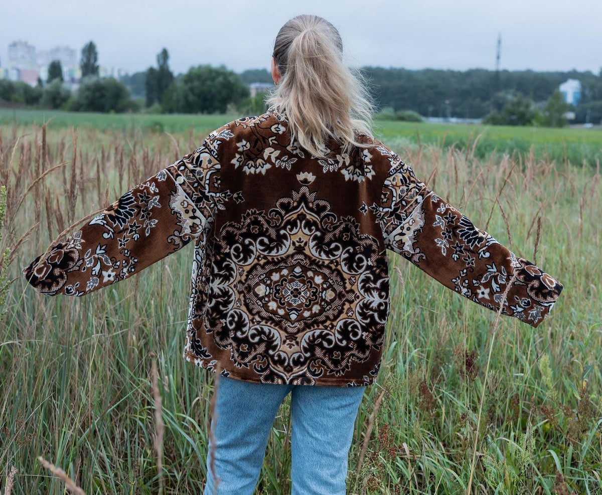 Upcycled Tapestry Blanket Jacket, Brown Zip Coat, Size L