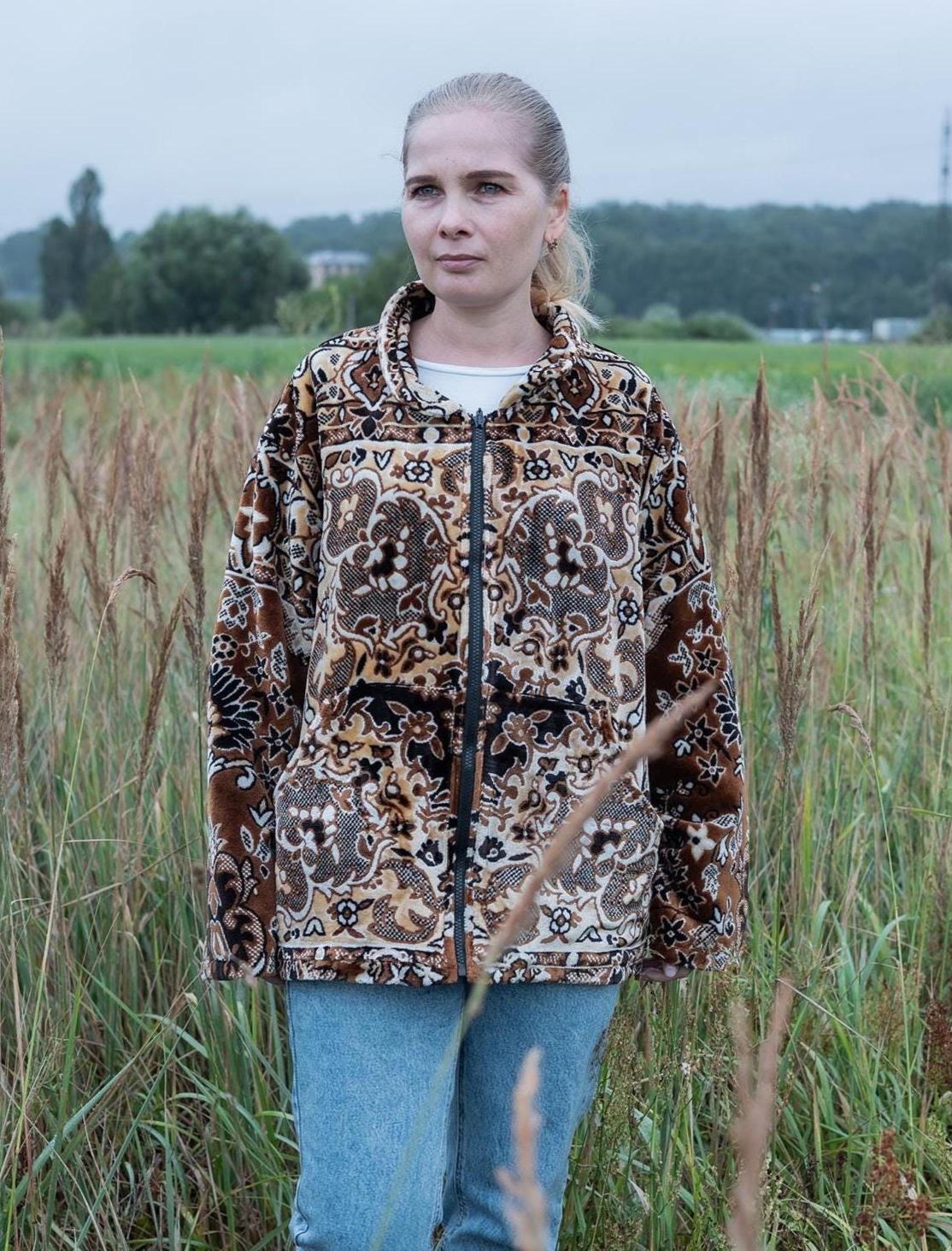 Upcycled Tapestry Blanket Jacket, Brown Zip Coat, Size L