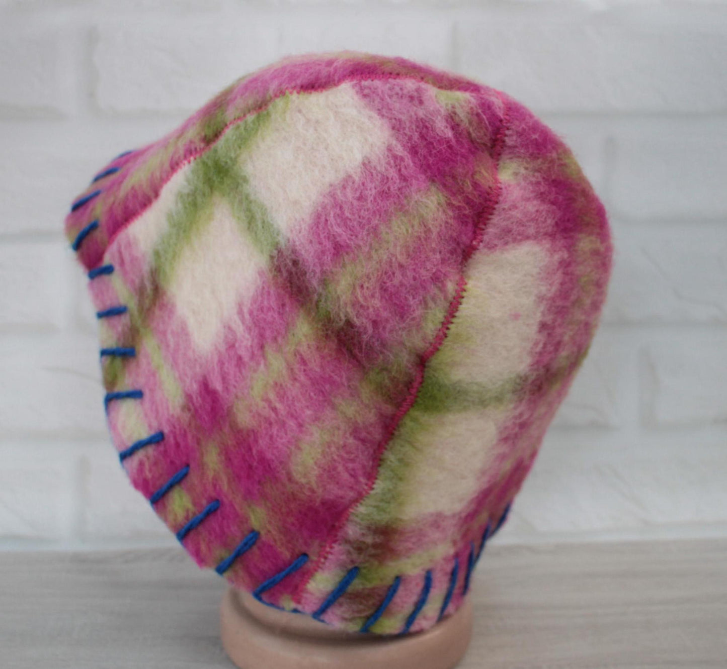 Wool Sauna Hat, Handmade Reversible Bath Hat from Vintage Blanket, Felted Sauna Cap, Spa Accessory,Gift for Sauna Lover, wool bath pink hat