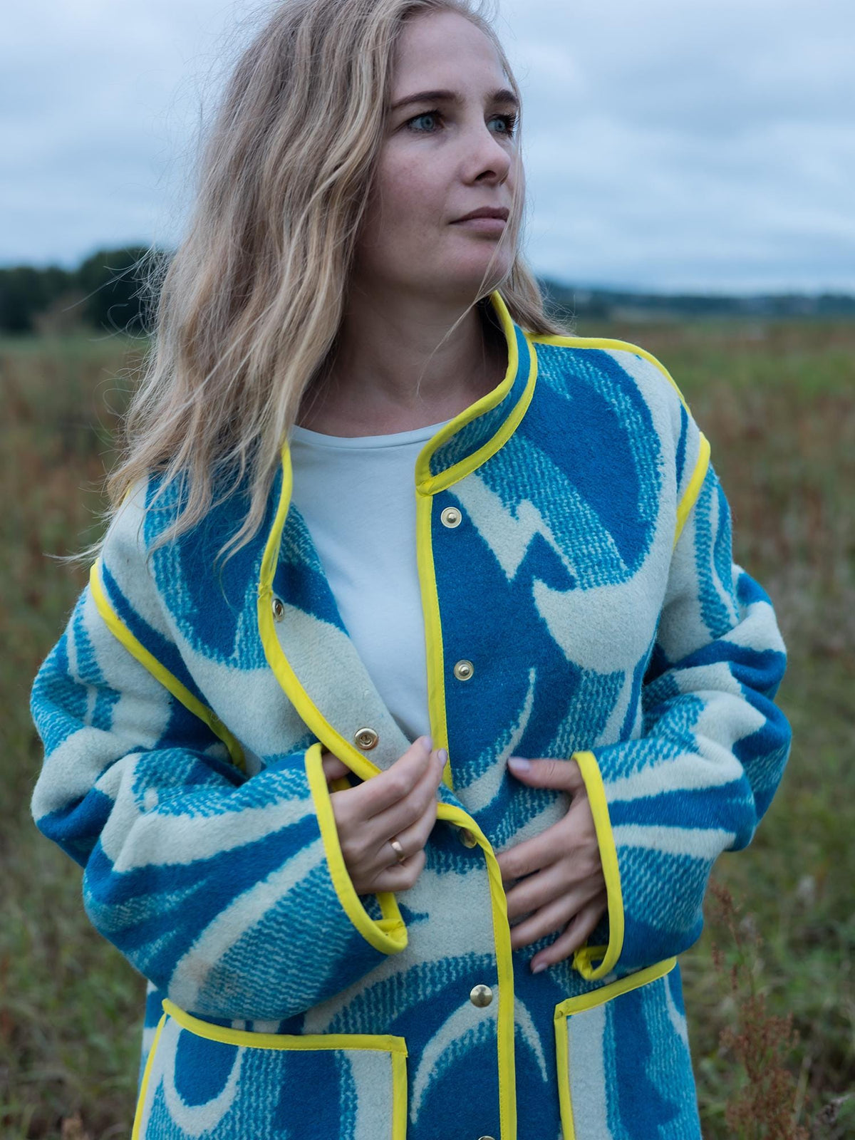 Handmade Wool Blanket Coat, Blue Swirls, Yellow Trim, Size L