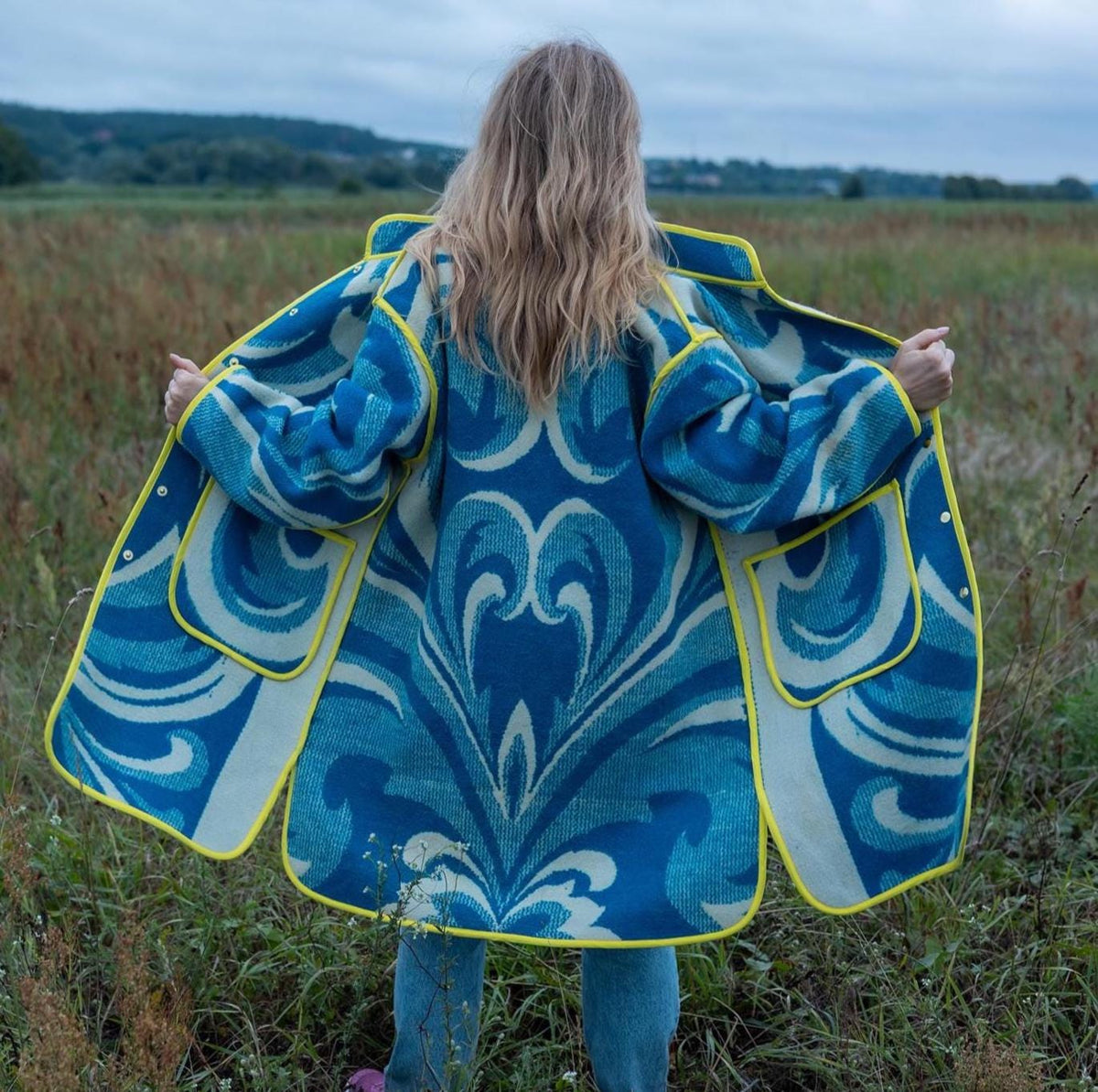 Handmade Wool Blanket Coat, Blue Swirls, Yellow Trim, Size L