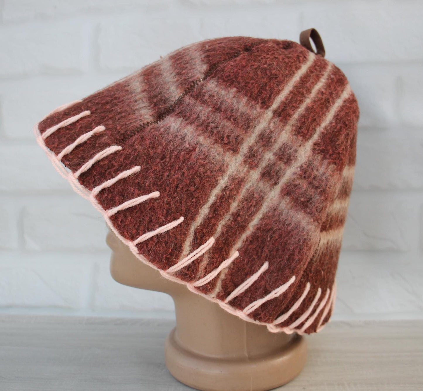 Brown Wool Sauna Hat with Floral, Handmade from Upcycled Vintage Blanket, Unisex Spa Hat,Spa Wellness Accessory,Unique Gift for Sauna.