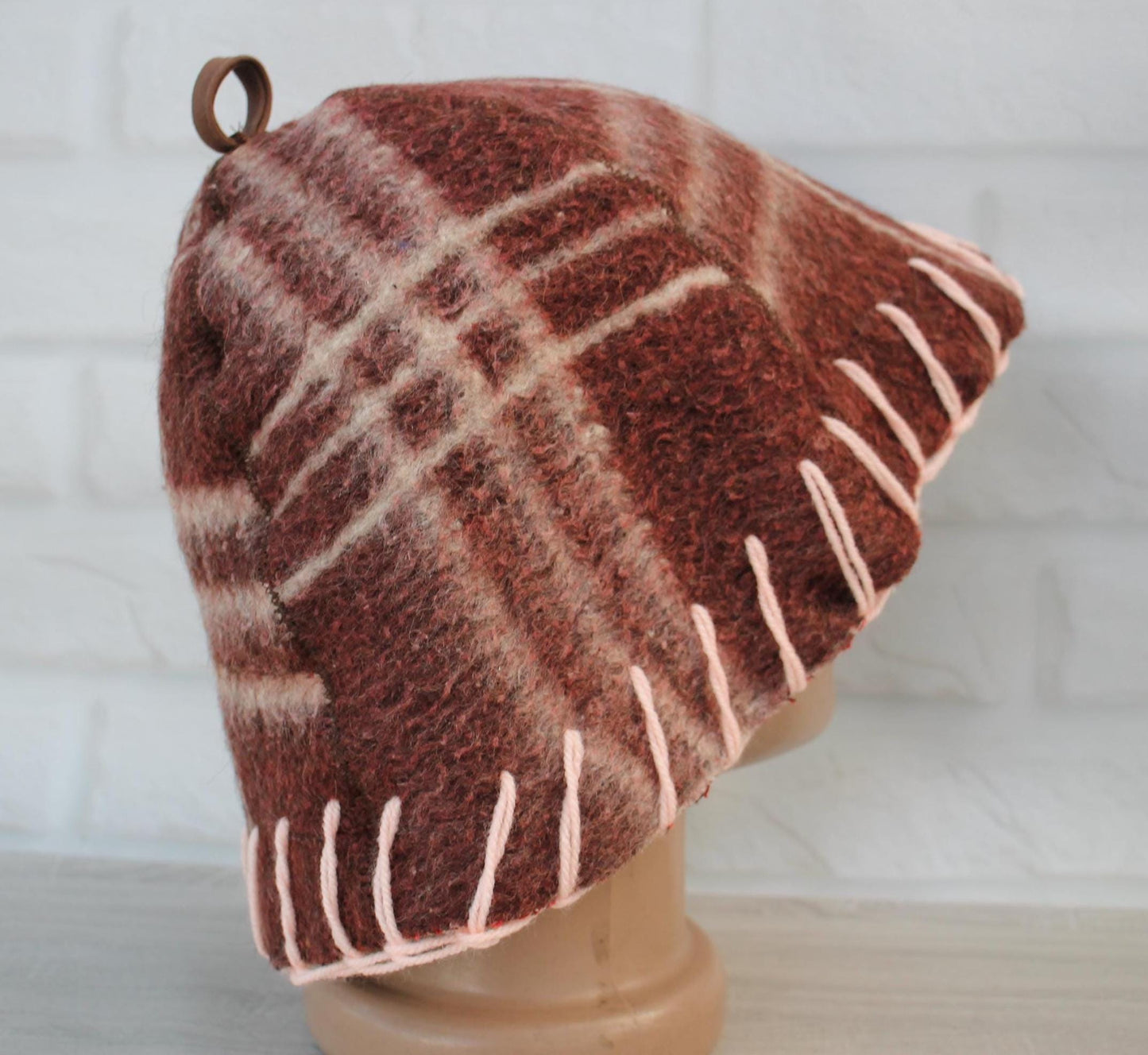 Brown Wool Sauna Hat with Floral, Handmade from Upcycled Vintage Blanket, Unisex Spa Hat,Spa Wellness Accessory,Unique Gift for Sauna.