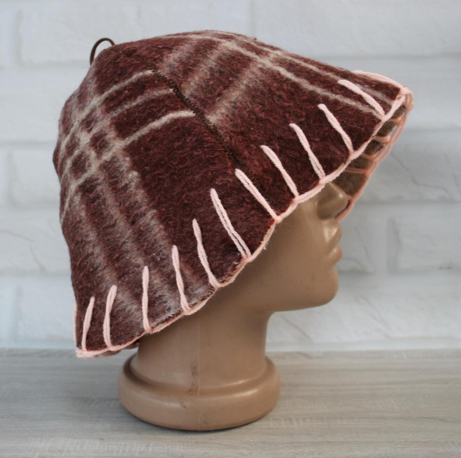 Brown Wool Sauna Hat with Floral, Handmade from Upcycled Vintage Blanket, Unisex Spa Hat,Spa Wellness Accessory,Unique Gift for Sauna.