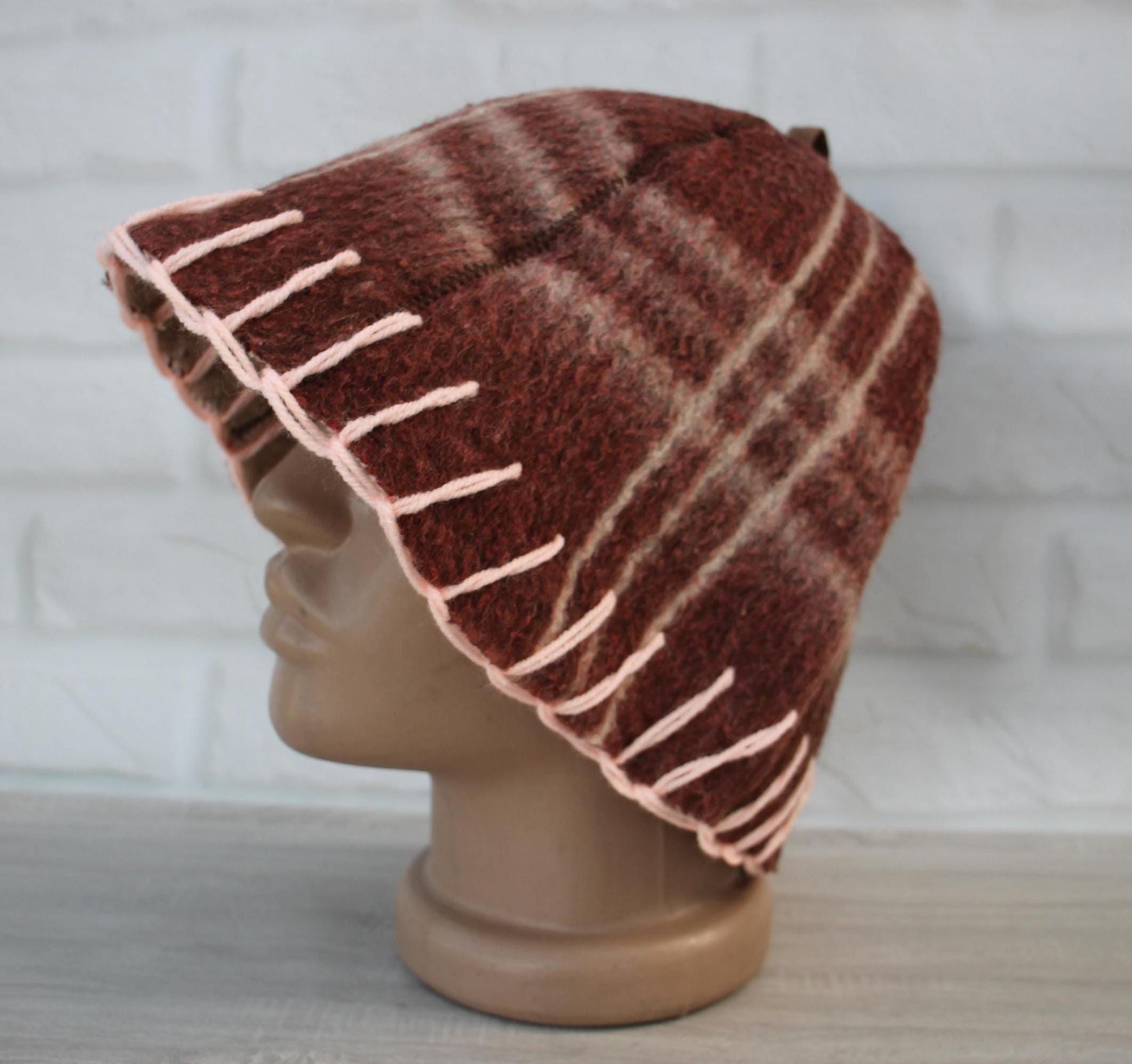 Brown Wool Sauna Hat with Floral, Handmade from Upcycled Vintage Blanket, Unisex Spa Hat,Spa Wellness Accessory,Unique Gift for Sauna.