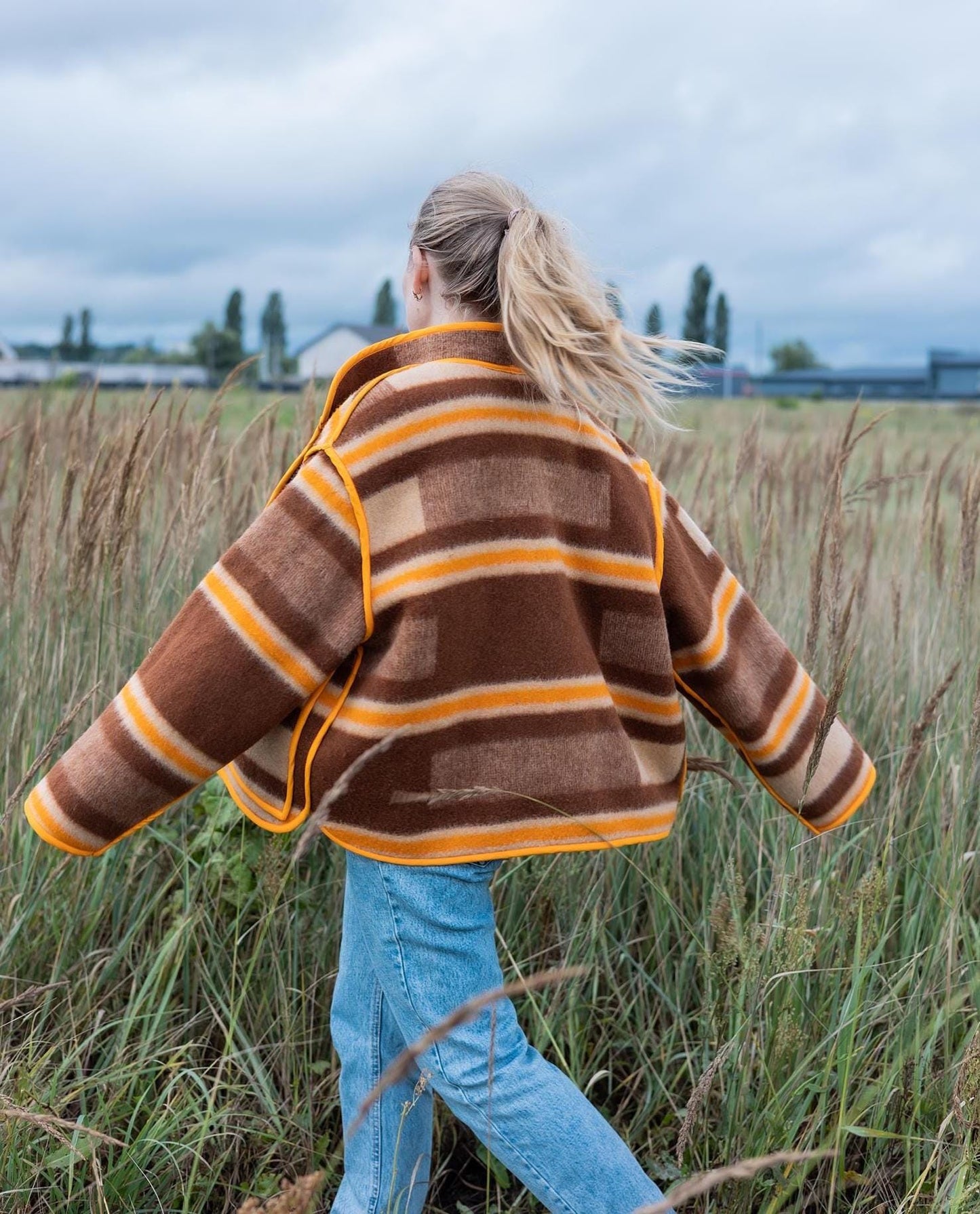 Vintage Wool Blanket Jacket L, Handmade Upcycled Coat, Eco Wool Jacket for Women, Brown Orange Recycled Blanket Coat, Oversize Retro Jacket