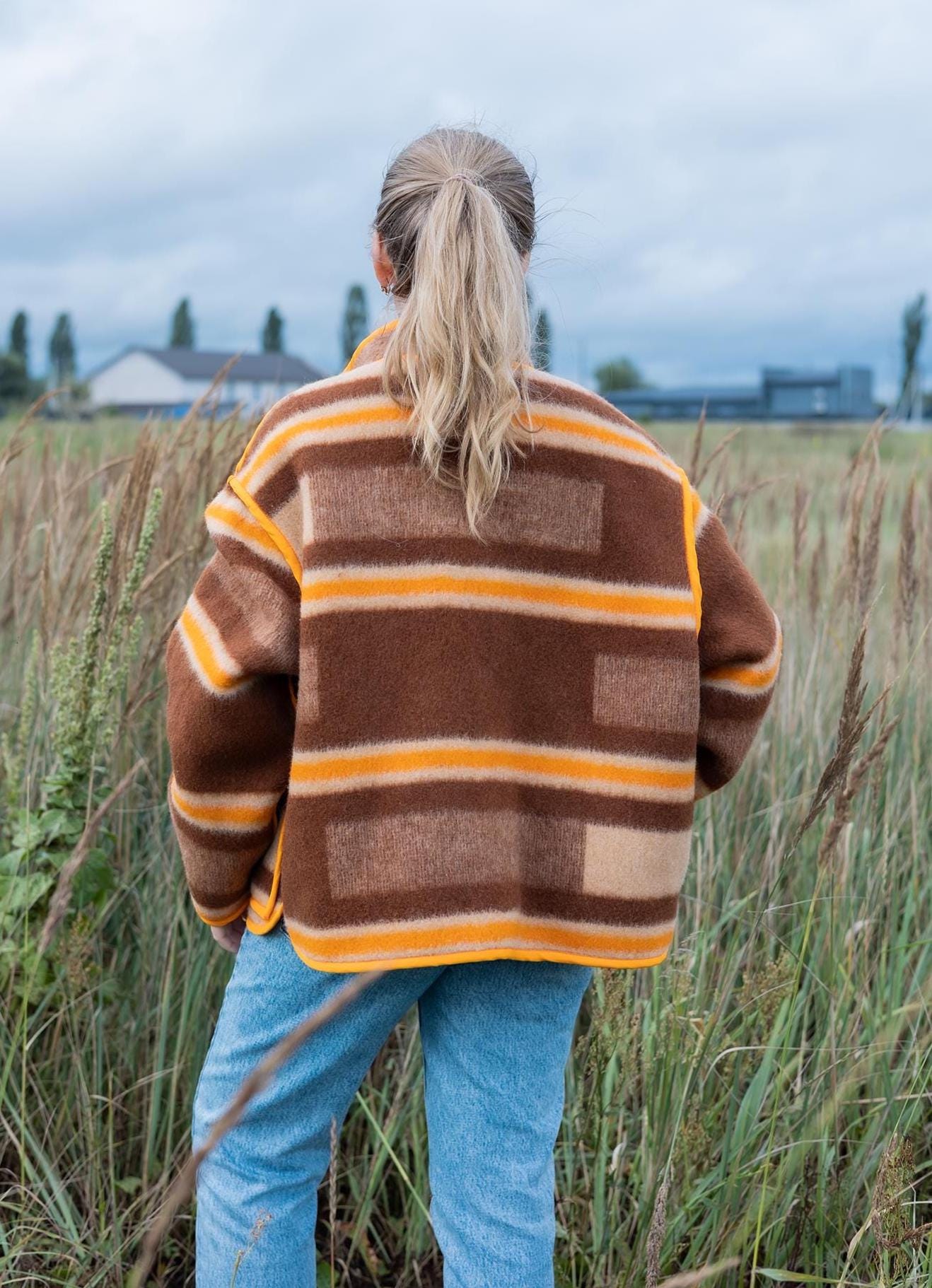 Vintage Wool Blanket Jacket L, Handmade Upcycled Coat, Eco Wool Jacket for Women, Brown Orange Recycled Blanket Coat, Oversize Retro Jacket