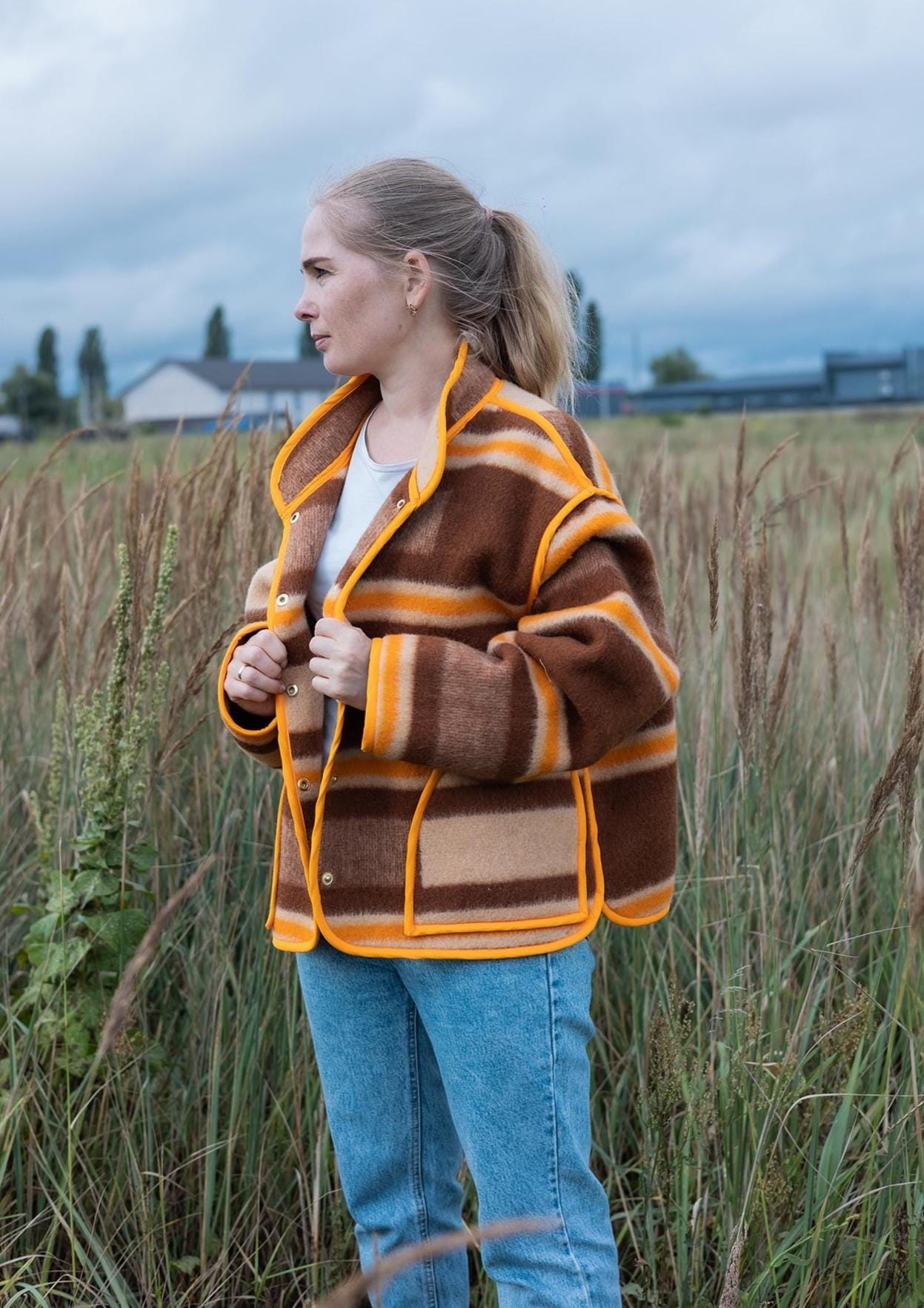 Vintage Wool Blanket Jacket L, Handmade Upcycled Coat, Eco Wool Jacket for Women, Brown Orange Recycled Blanket Coat, Oversize Retro Jacket