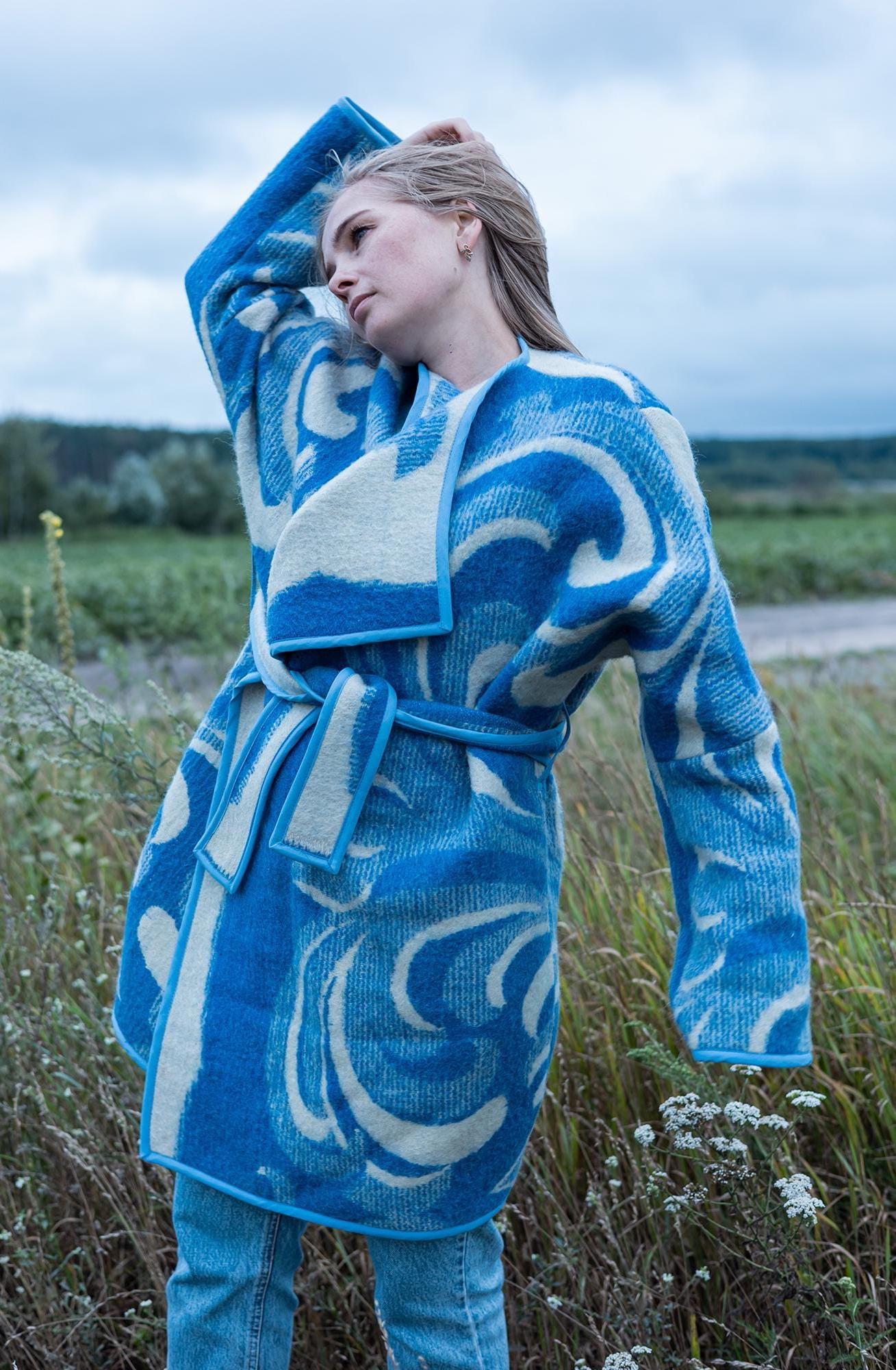 Blanket jacket oversize,handmade wool blanket jacket,capote coat,blue upcycled jackets blanket,dutch blanket coat,woolen coat plaid,Ukraine