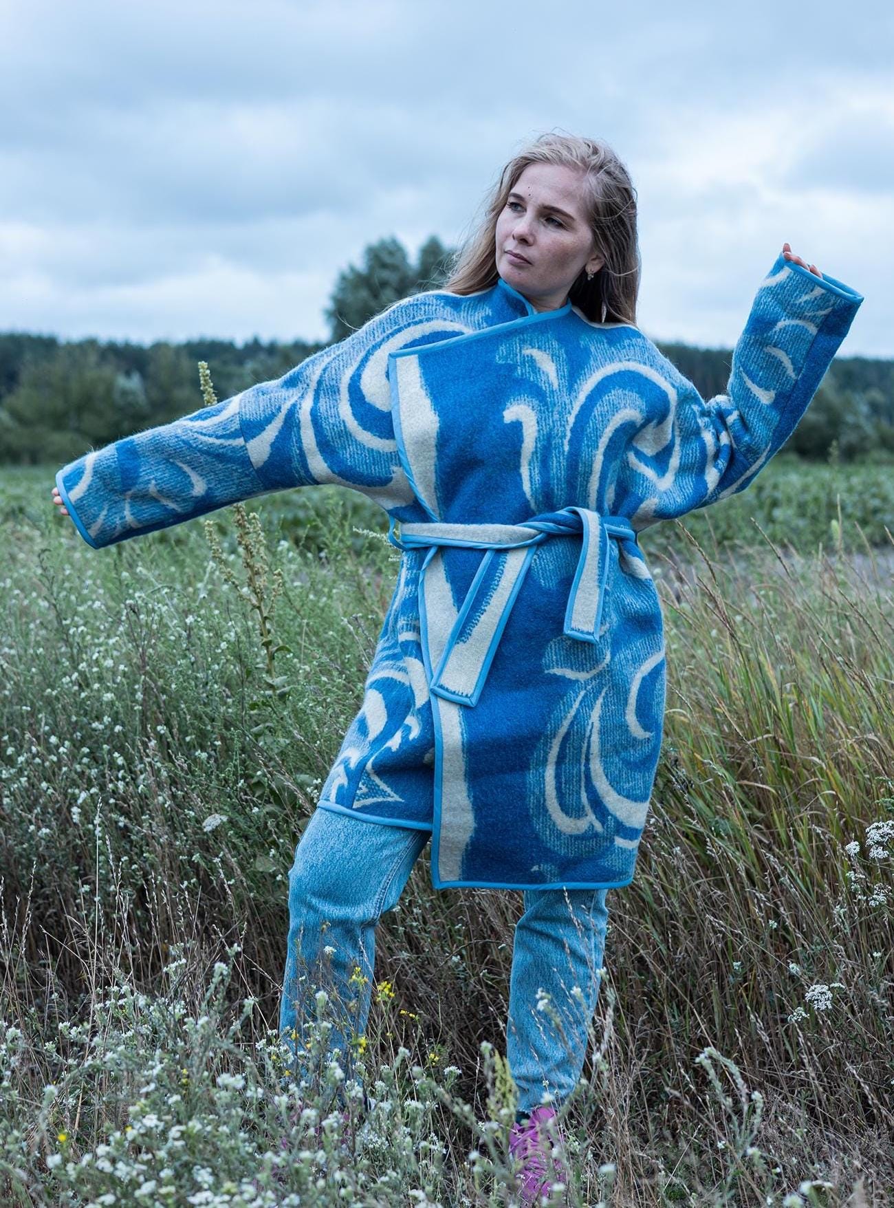 Blanket jacket oversize,handmade wool blanket jacket,capote coat,blue upcycled jackets blanket,dutch blanket coat,woolen coat plaid,Ukraine