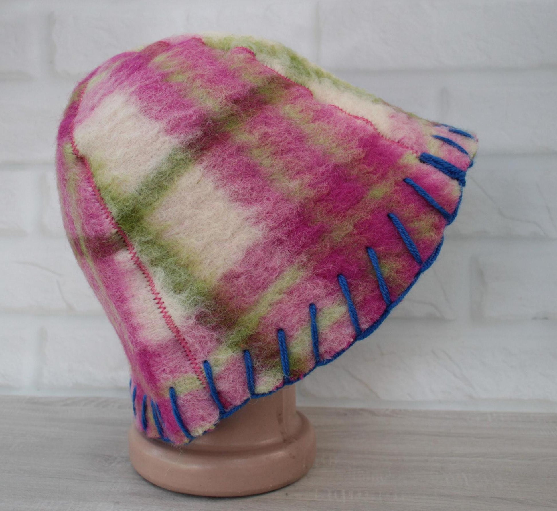 Wool Sauna Hat, Handmade Reversible Bath Hat from Vintage Blanket, Felted Sauna Cap, Spa Accessory,Gift for Sauna Lover, wool bath pink hat