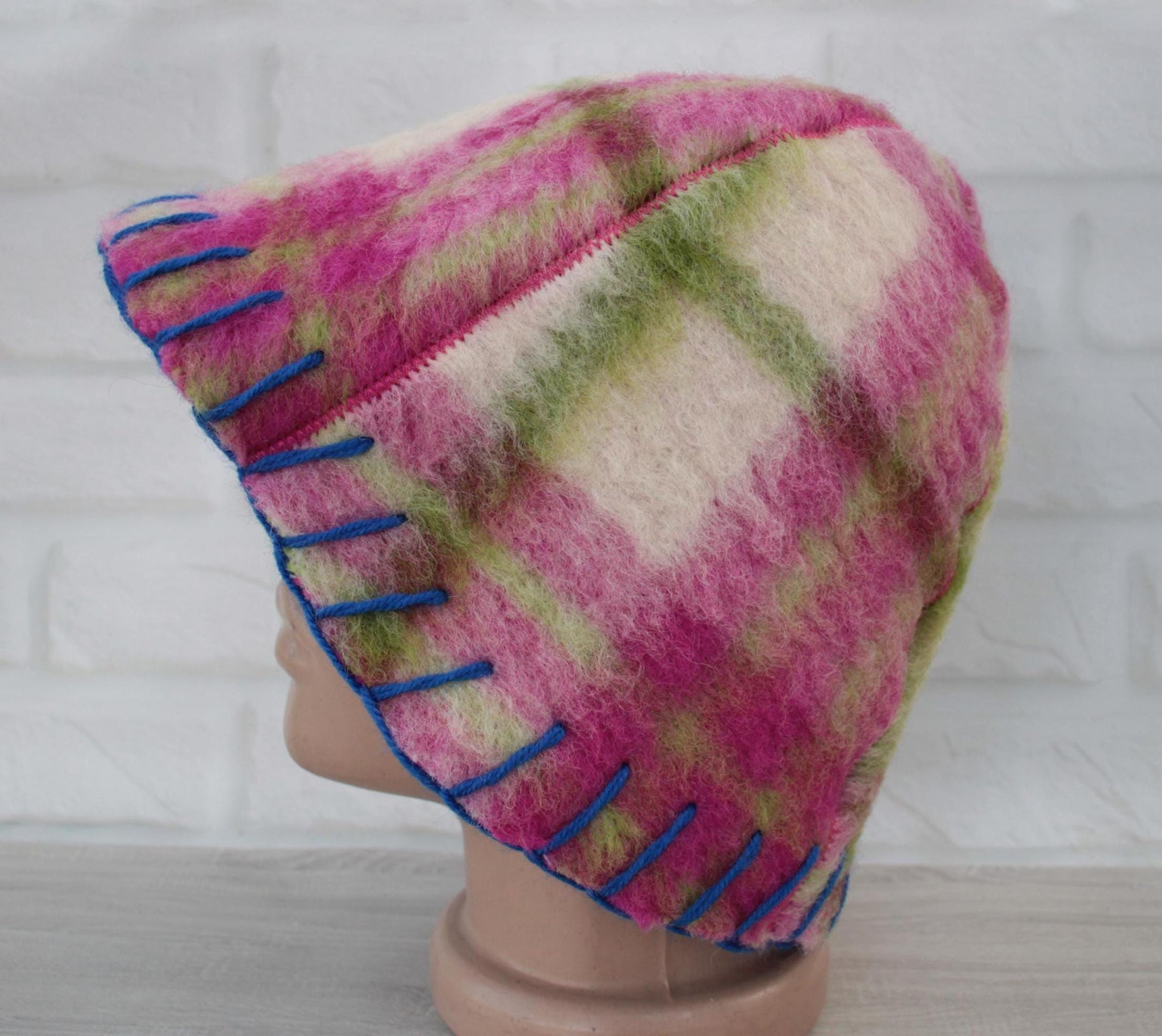 Wool Sauna Hat, Handmade Reversible Bath Hat from Vintage Blanket, Felted Sauna Cap, Spa Accessory,Gift for Sauna Lover, wool bath pink hat