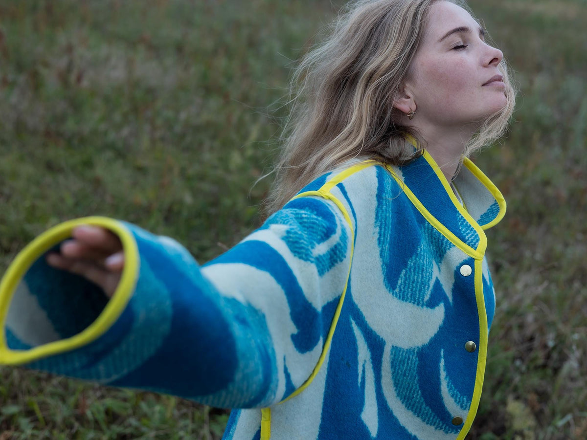 Handmade Wool Blanket Coat, Blue Swirls, Yellow Trim, Size L