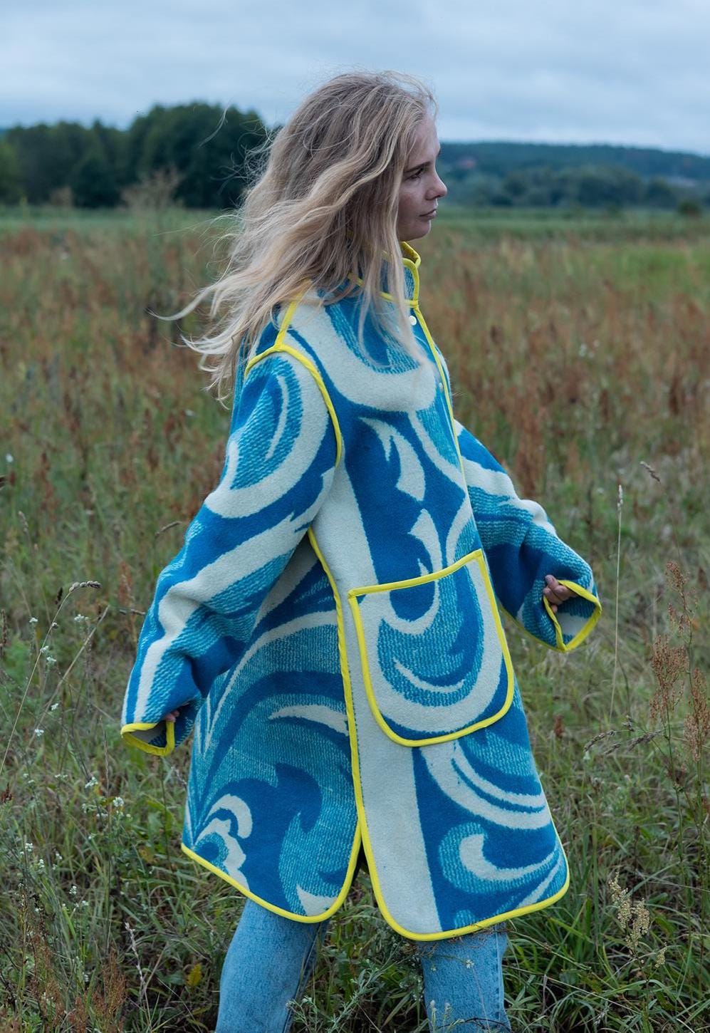 Handmade Wool Blanket Coat, Blue Swirls, Yellow Trim, Size L
