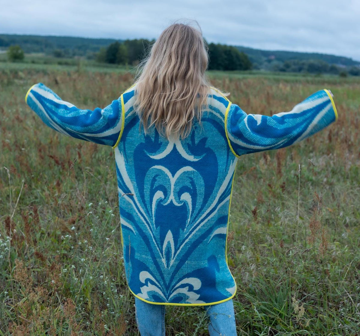 Handmade Wool Blanket Coat, Blue Swirls, Yellow Trim, Size L