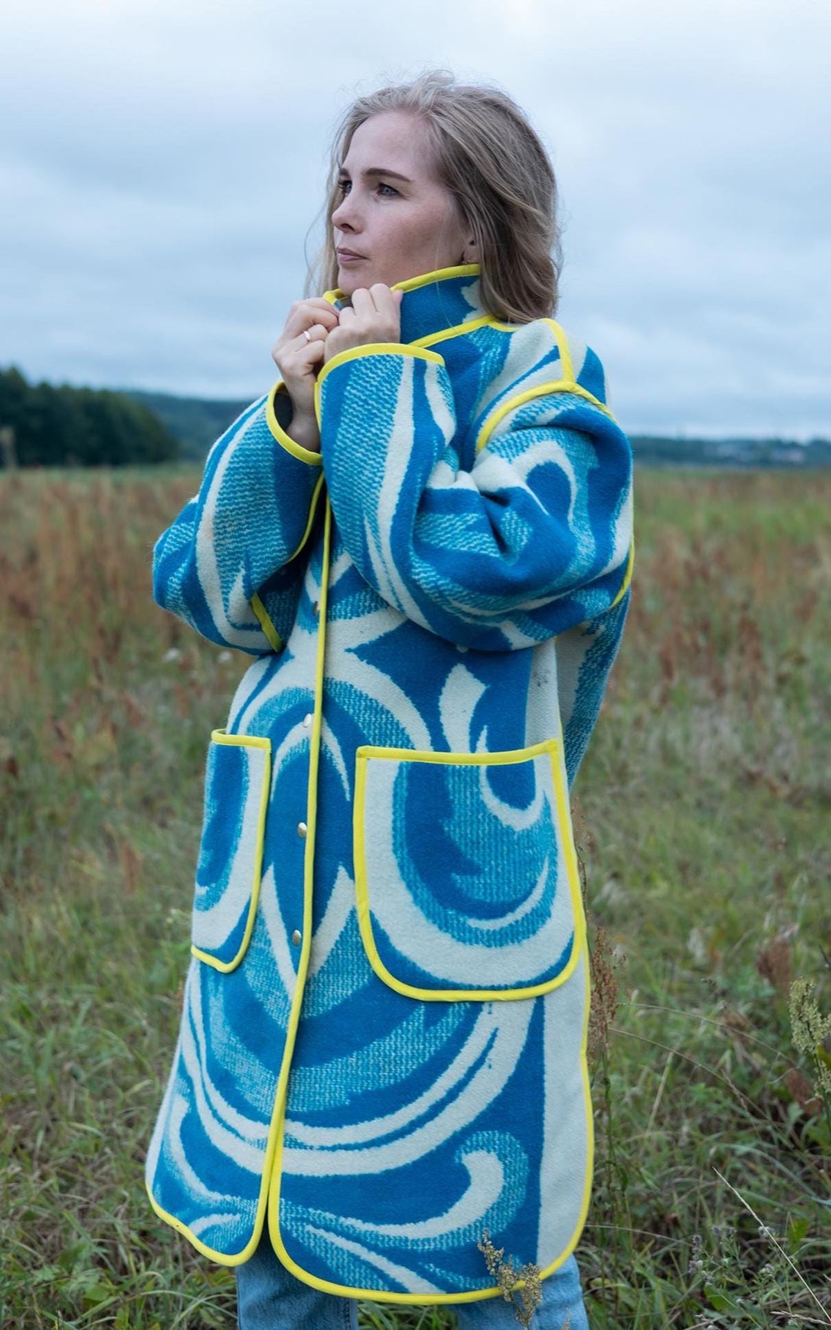 Handmade Wool Blanket Coat, Blue Swirls, Yellow Trim, Size L