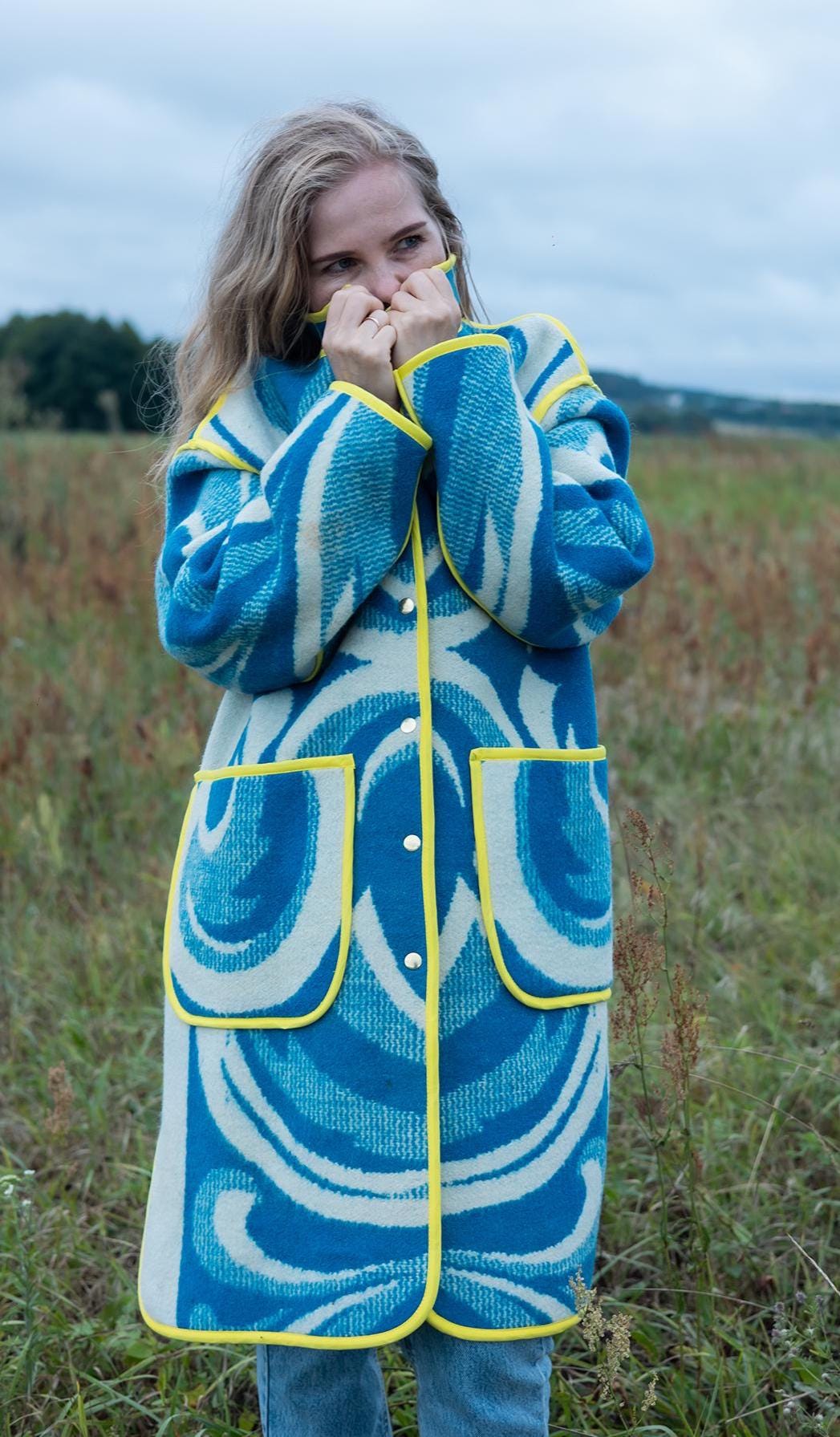 Handmade Wool Blanket Coat, Blue Swirls, Yellow Trim, Size L