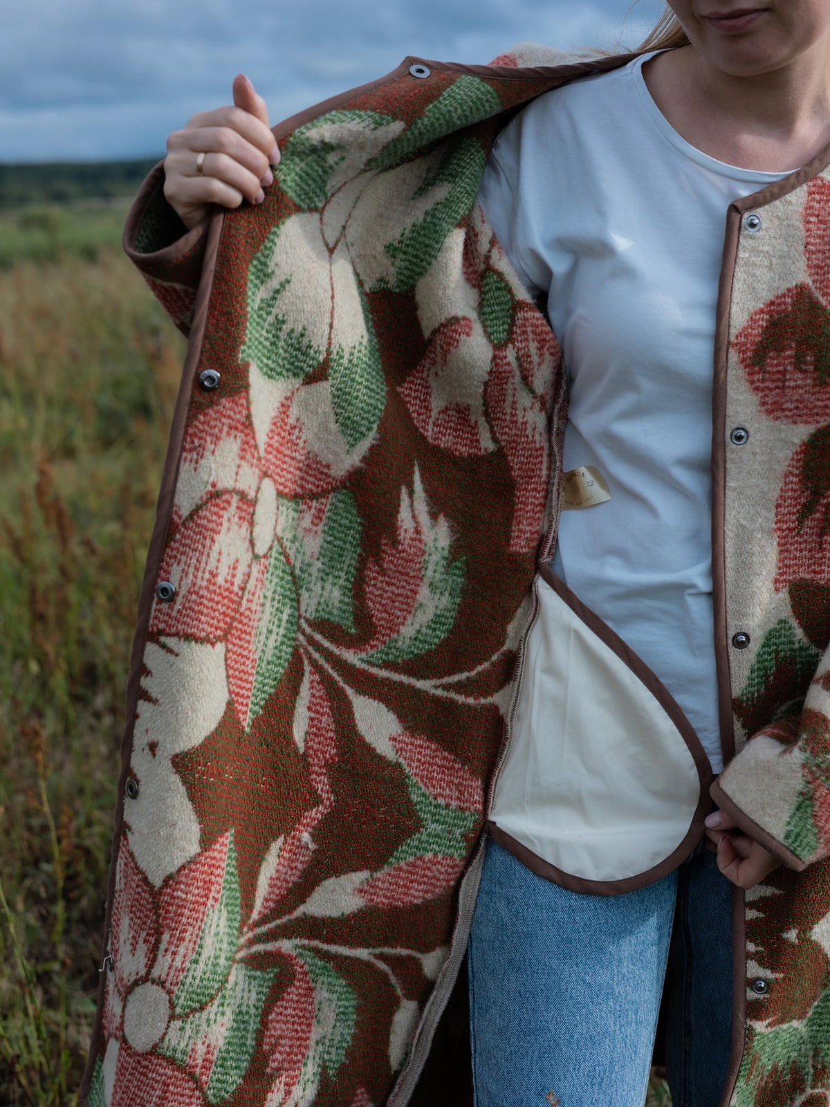 Upcycled Wool Blanket Coat, Floral Tapestry, Boho Overcoat, M/L