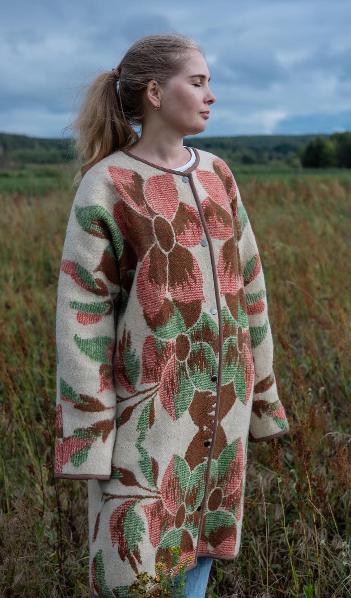 Upcycled Wool Blanket Coat, Floral Tapestry, Boho Overcoat, M/L