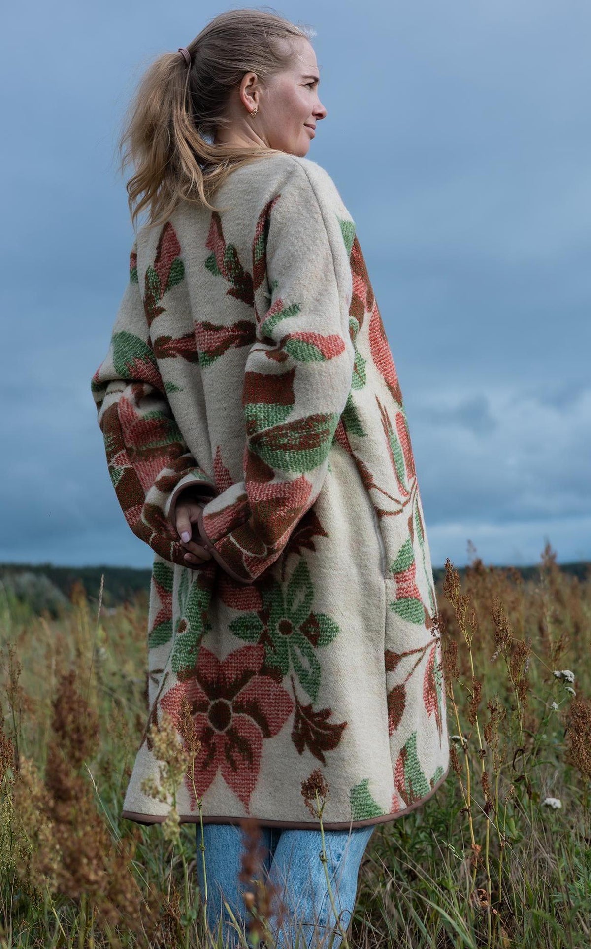 Upcycled Wool Blanket Coat, Floral Tapestry, Boho Overcoat, M/L