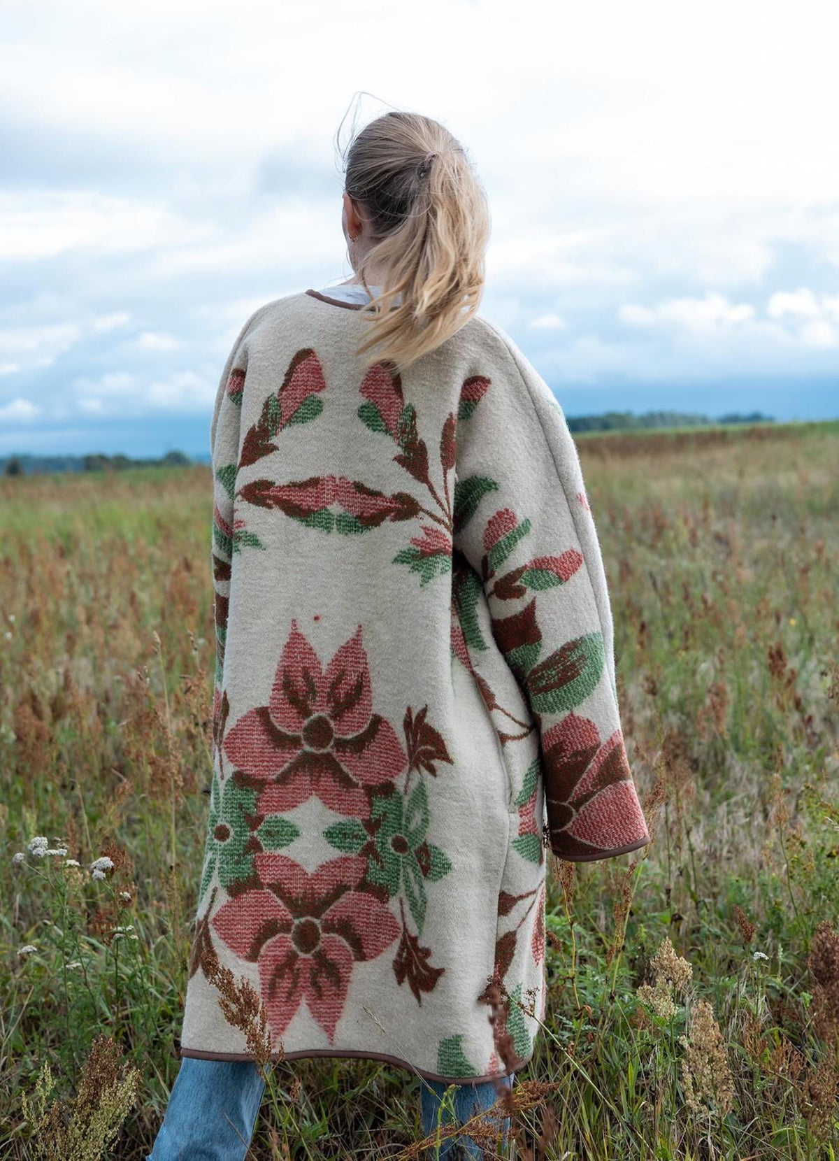 Upcycled Wool Blanket Coat, Floral Tapestry, Boho Overcoat, M/L